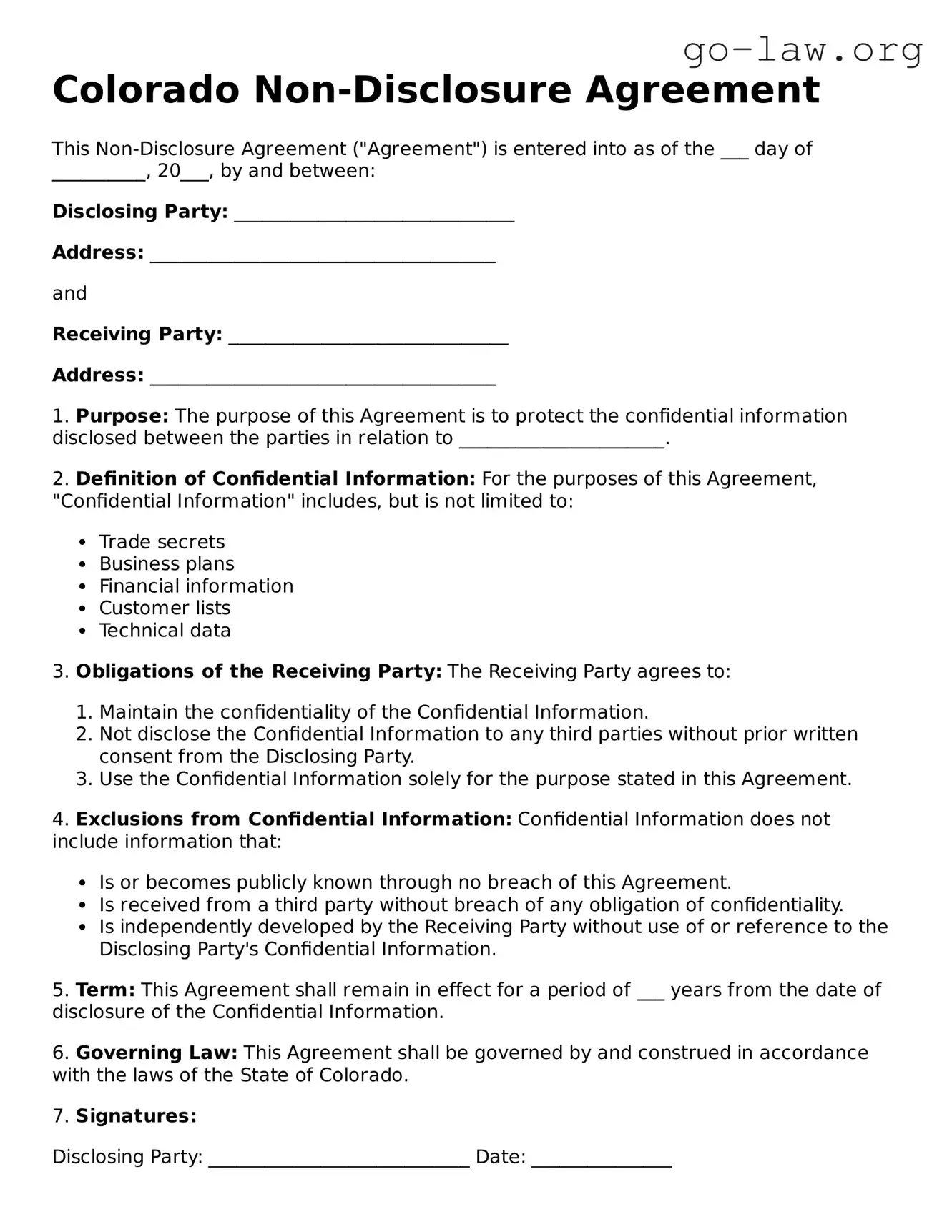 Fillable Colorado Non-disclosure Agreement Form
