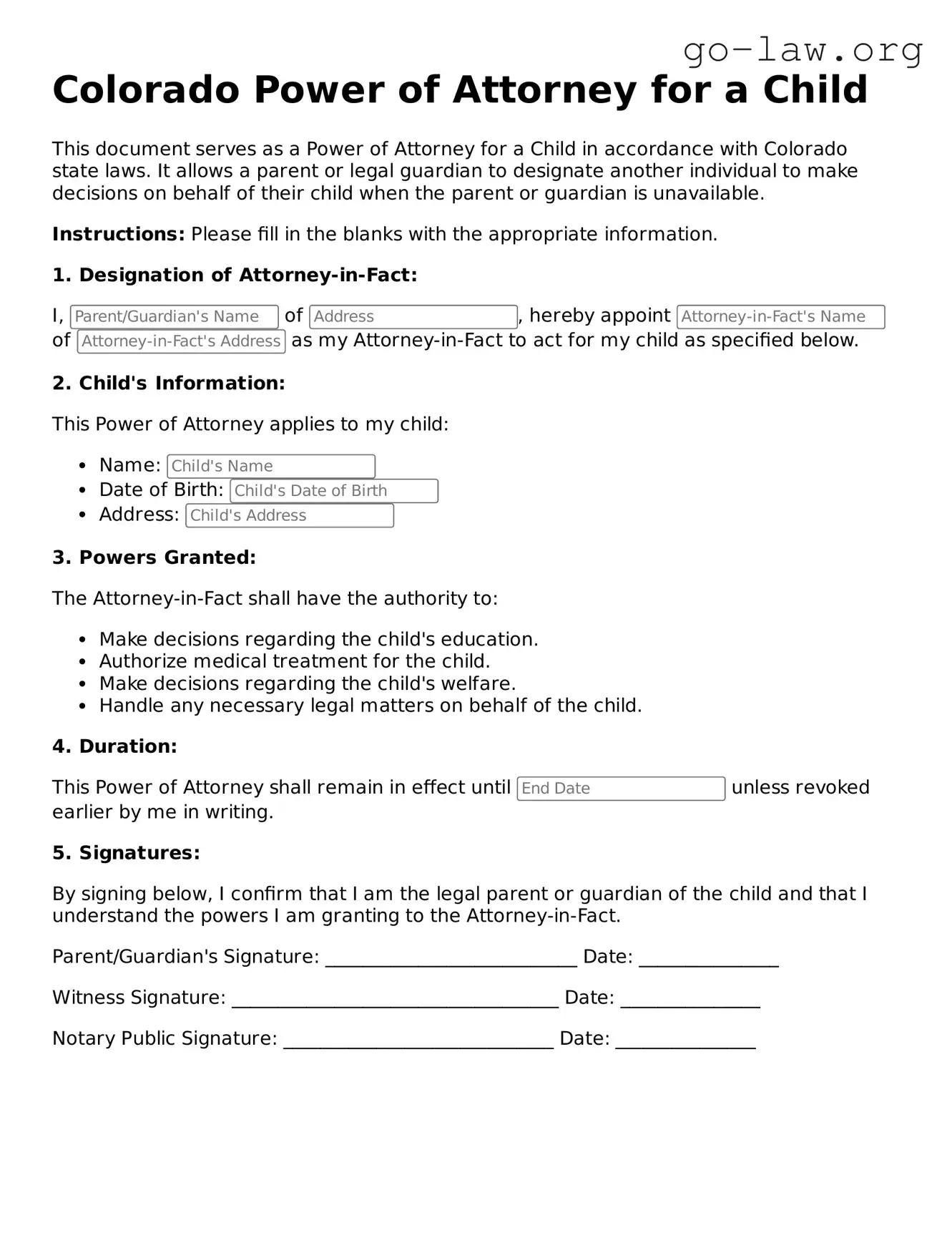 Fillable Colorado Power of Attorney for a Child Form