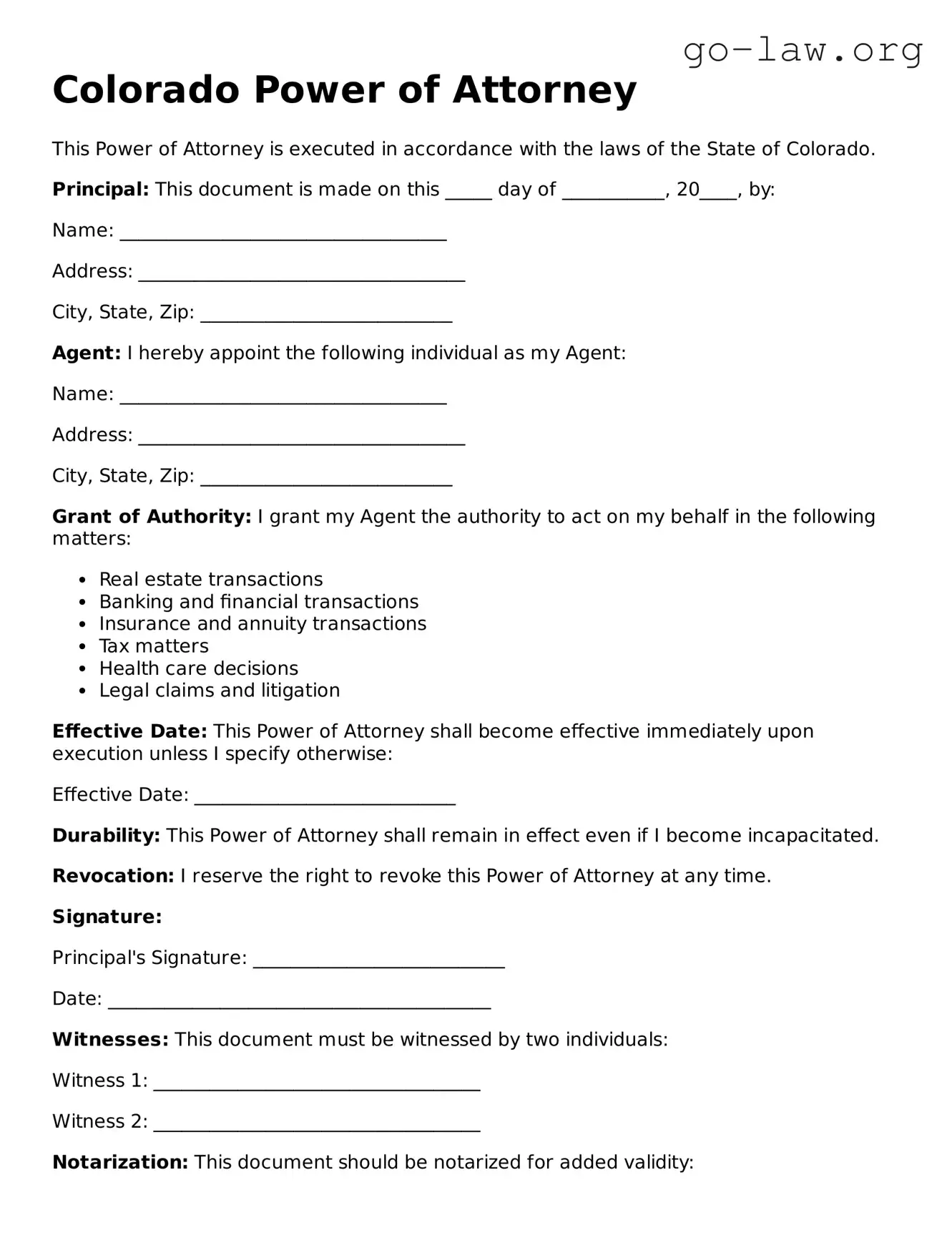 Fillable Colorado Power of Attorney Form