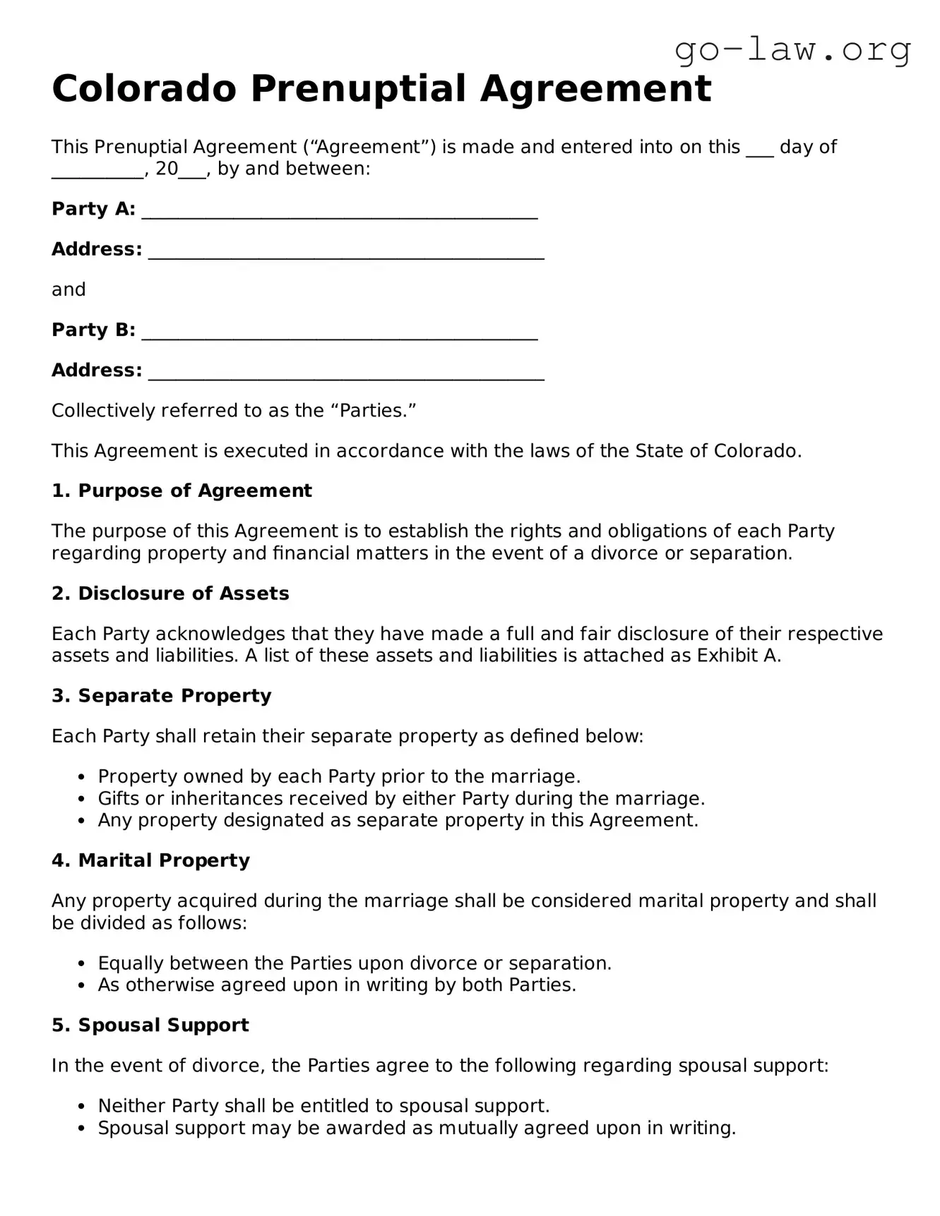 Fillable Colorado Prenuptial Agreement Form