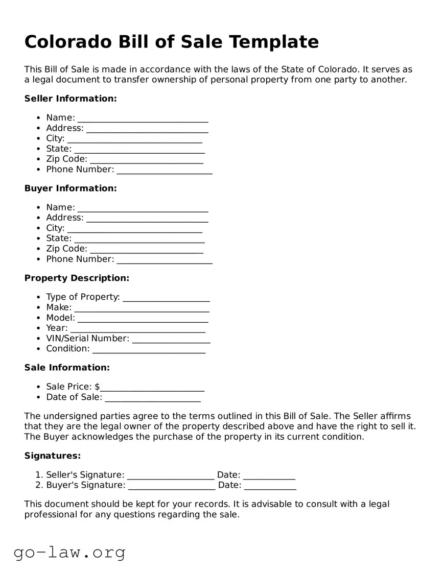 Fillable Colorado Bill of Sale Form