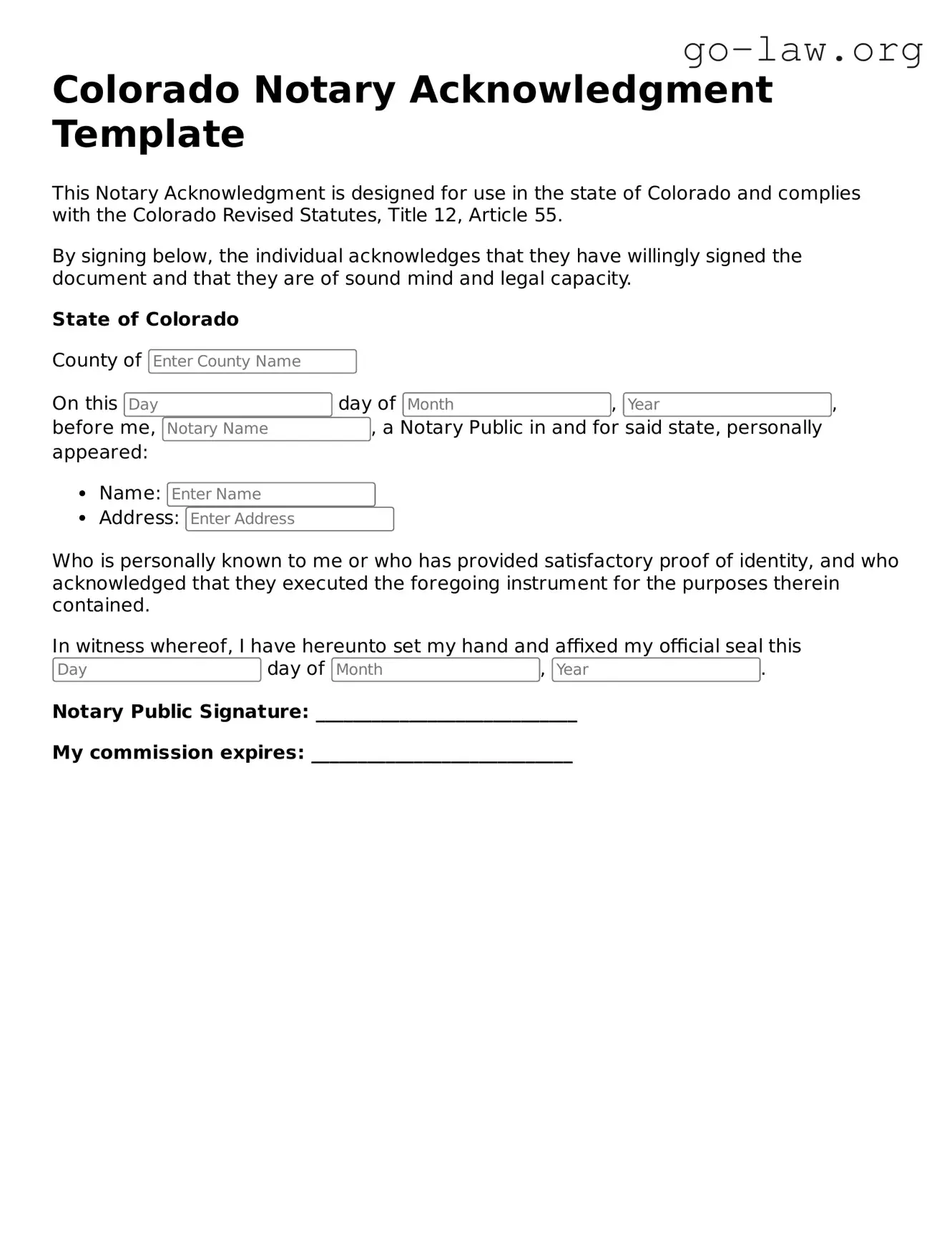 Fillable Colorado Notary Acknowledgement Form