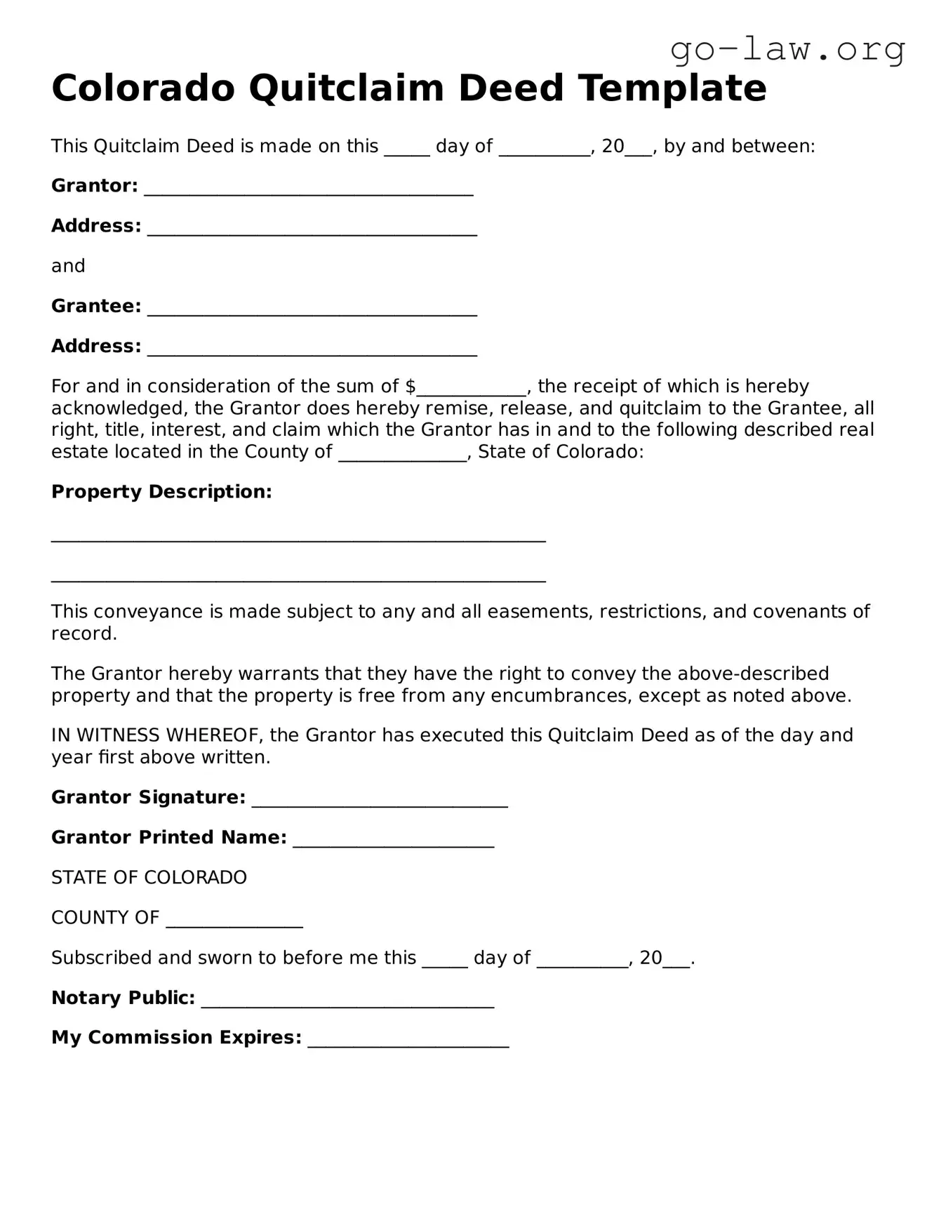 Fillable Colorado Quitclaim Deed Form