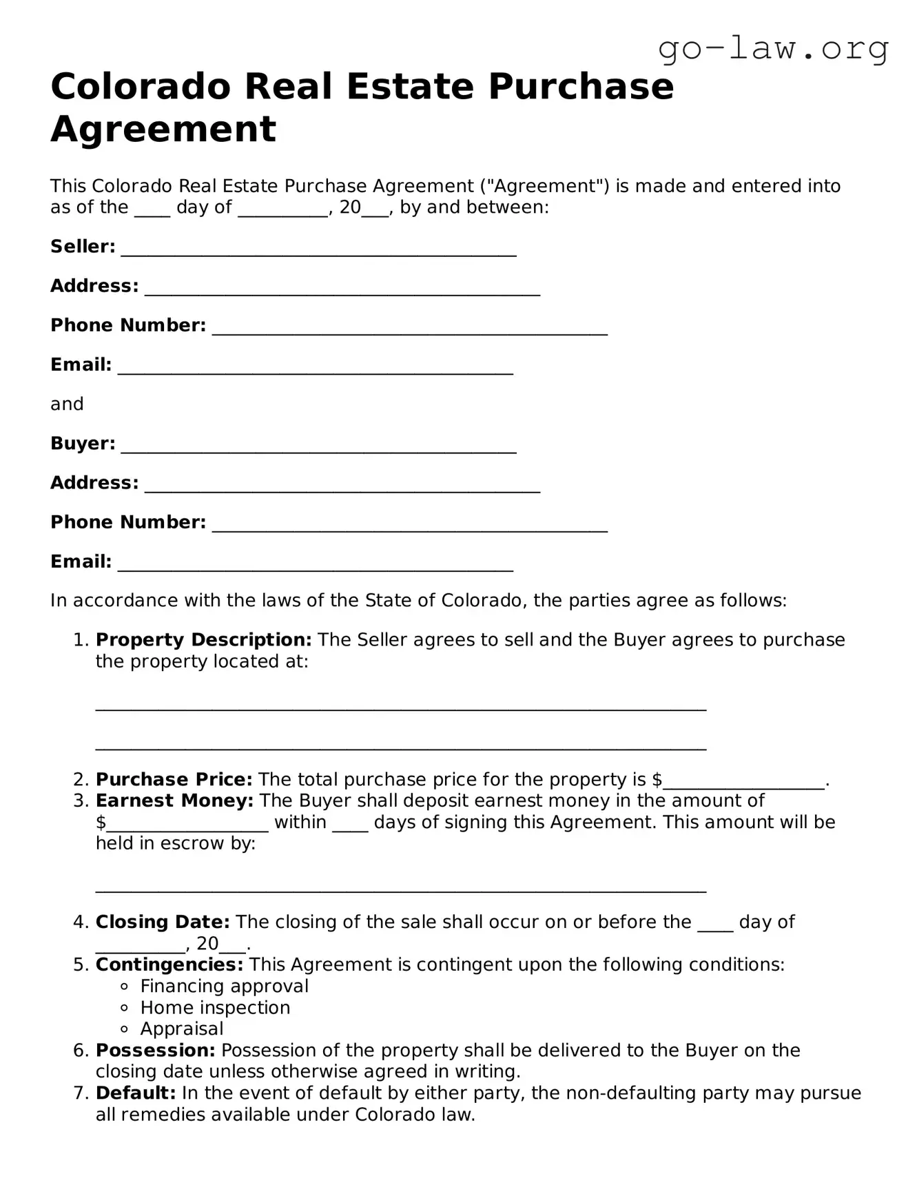 Fillable Colorado Real Estate Purchase Agreement Form