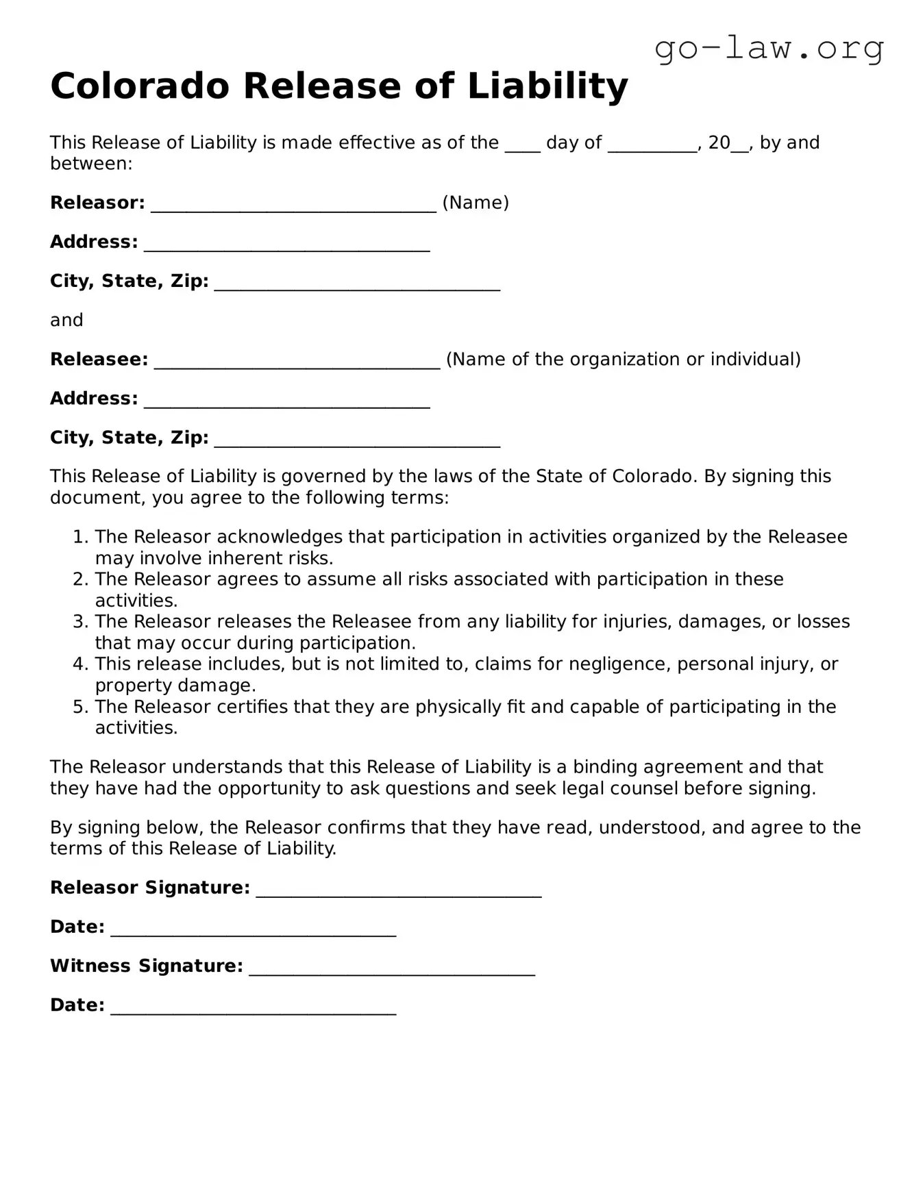 Fillable Colorado Release of Liability Form