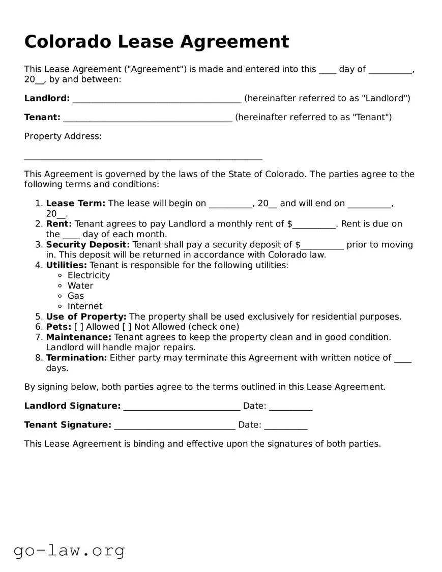Fillable Colorado Lease Agreement Form