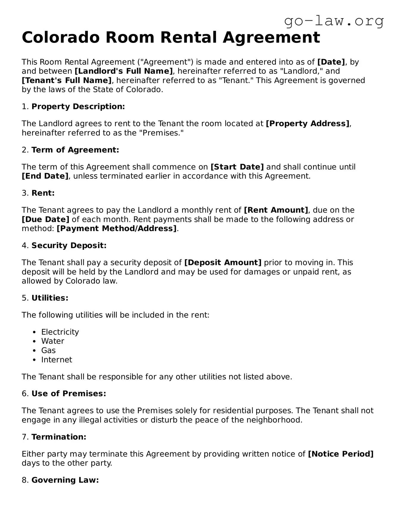 Fillable Colorado Room Rental Agreement Form