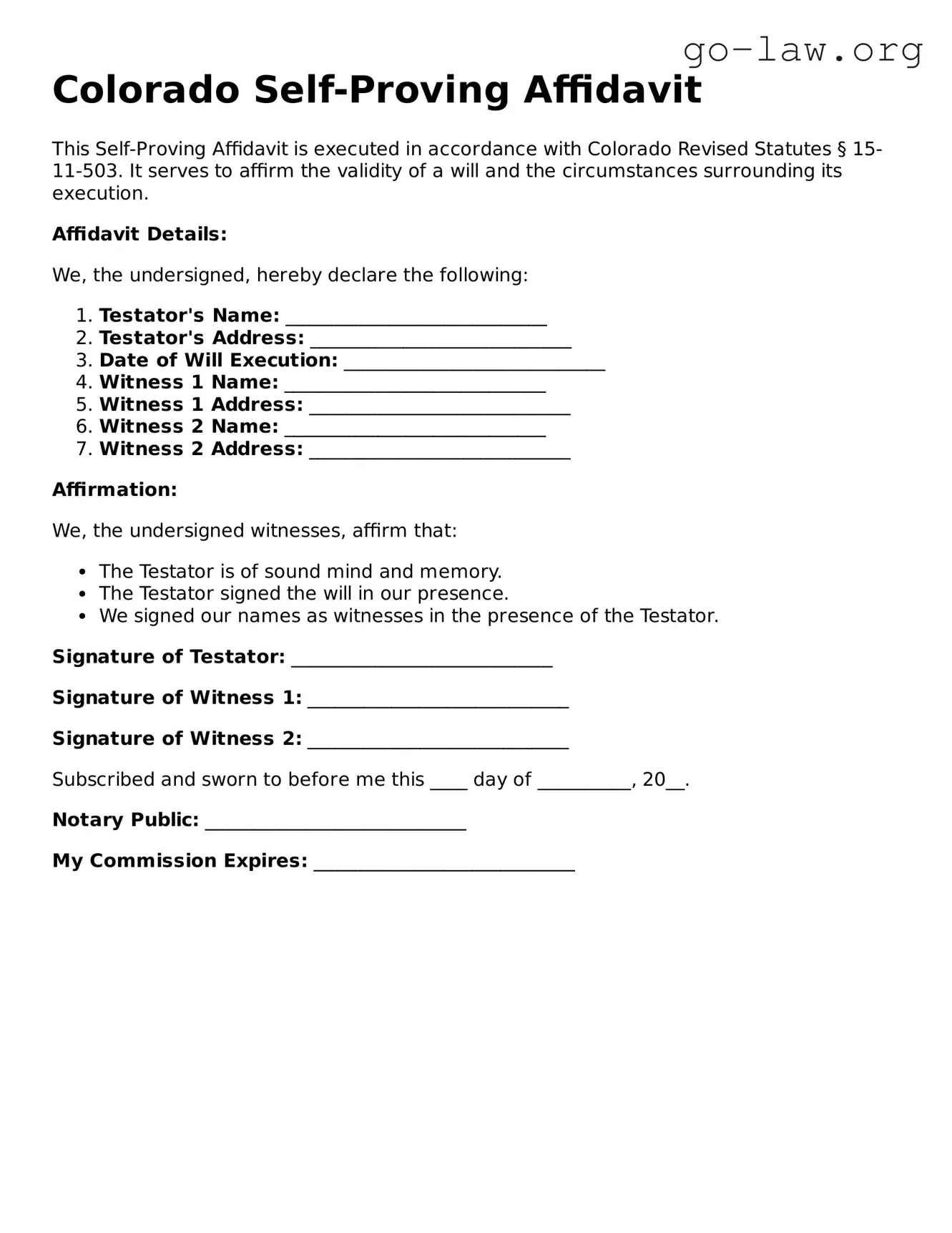 Fillable Colorado Self-Proving Affidavit Form