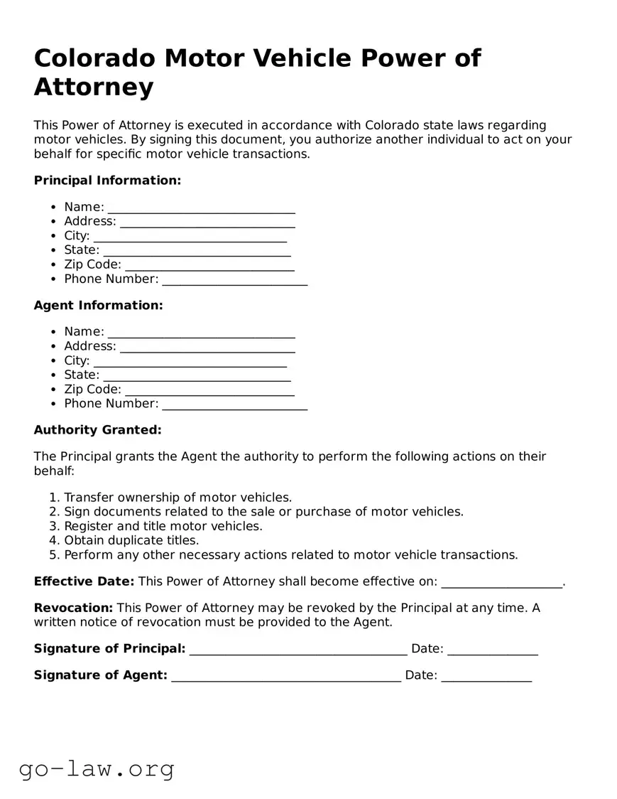 Fillable Colorado Motor Vehicle Power of Attorney Form