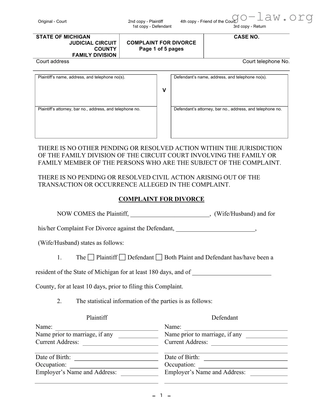 Download Michigan Complaint Divorce Form in PDF