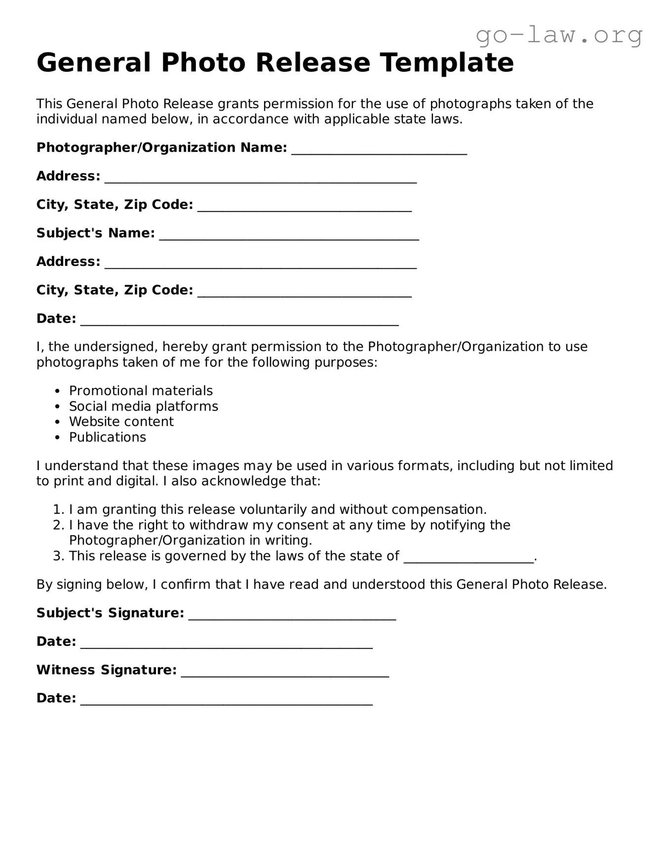 Blank General Photo Release Template