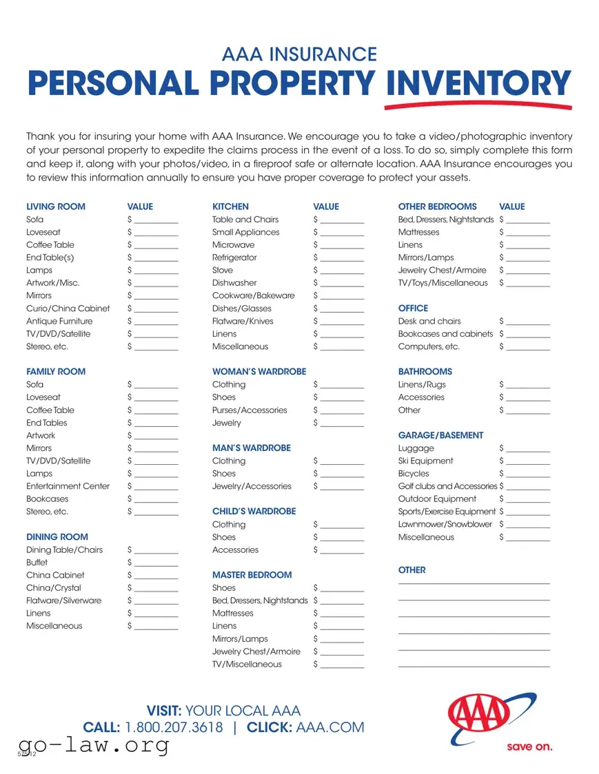 Download Aaa Property Loss Worksheet Form in PDF