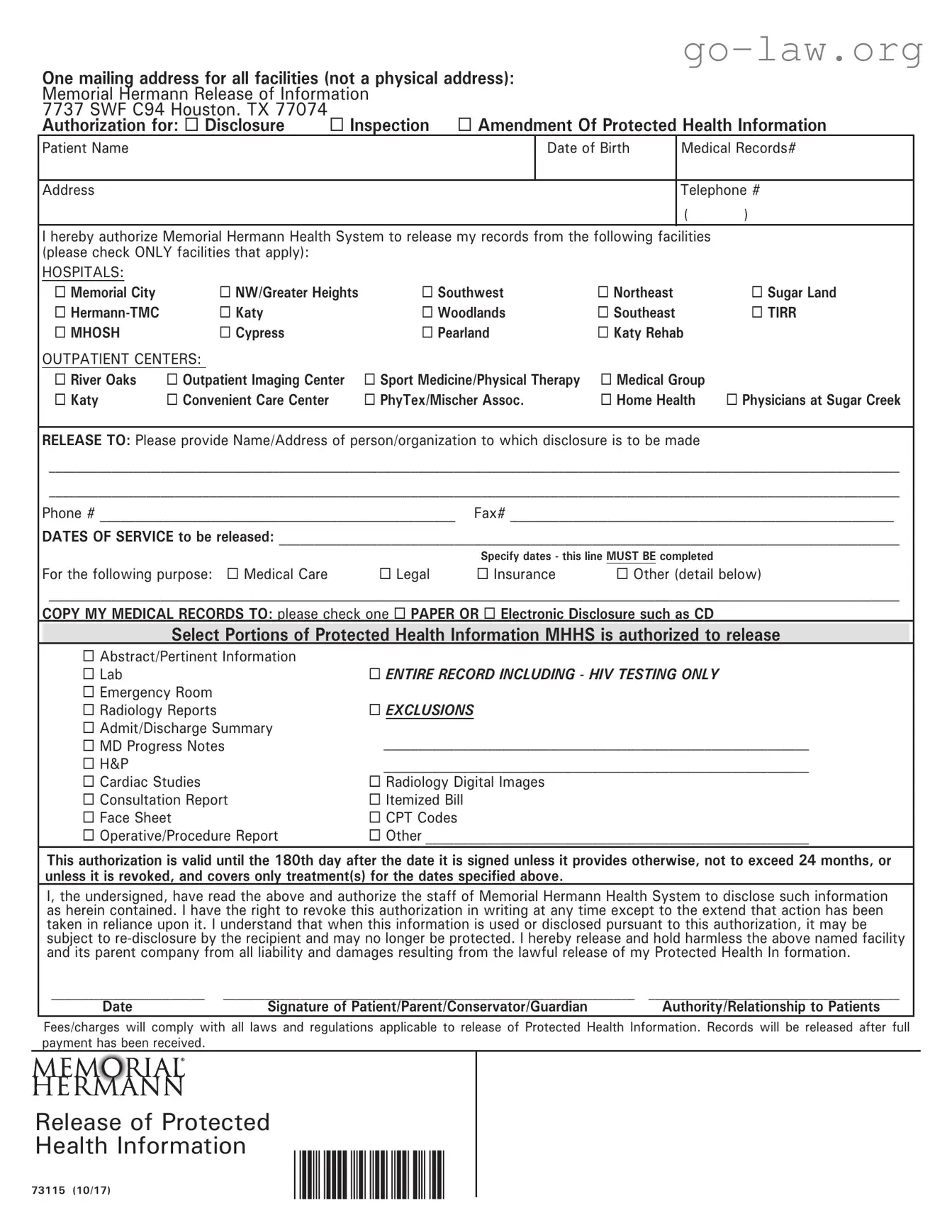Download Memorial Hermann Release Form in PDF
