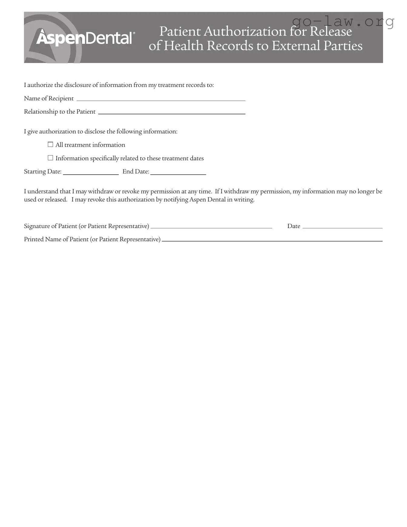 Download Aspen Dental Health Information Release Form in PDF