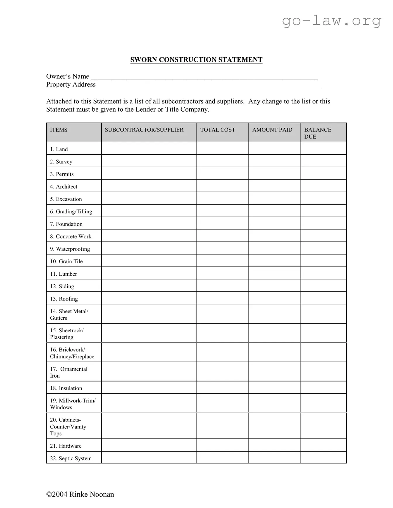 Download Sworn Construction Statement Form in PDF