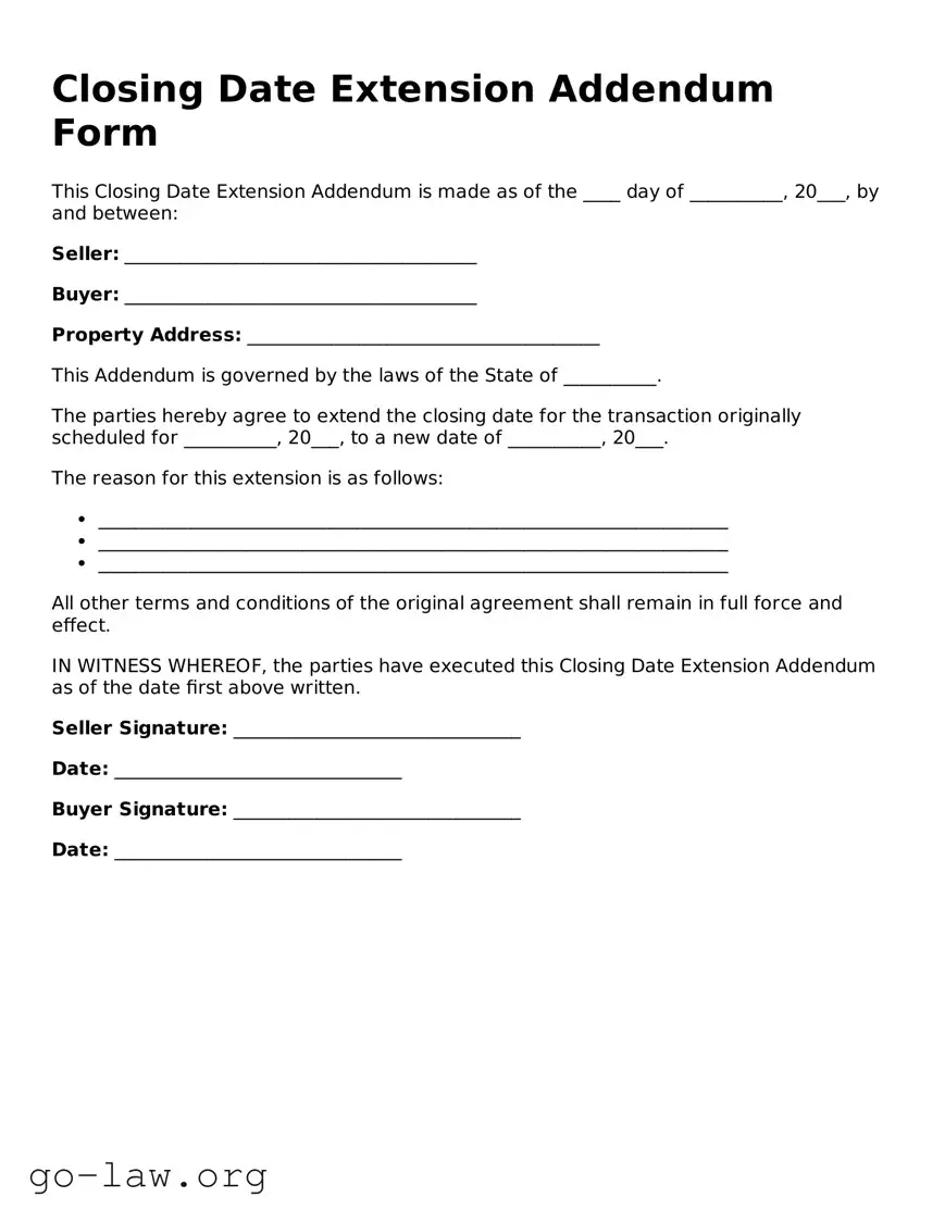 Blank Closing Date Extension Addendum Form Template