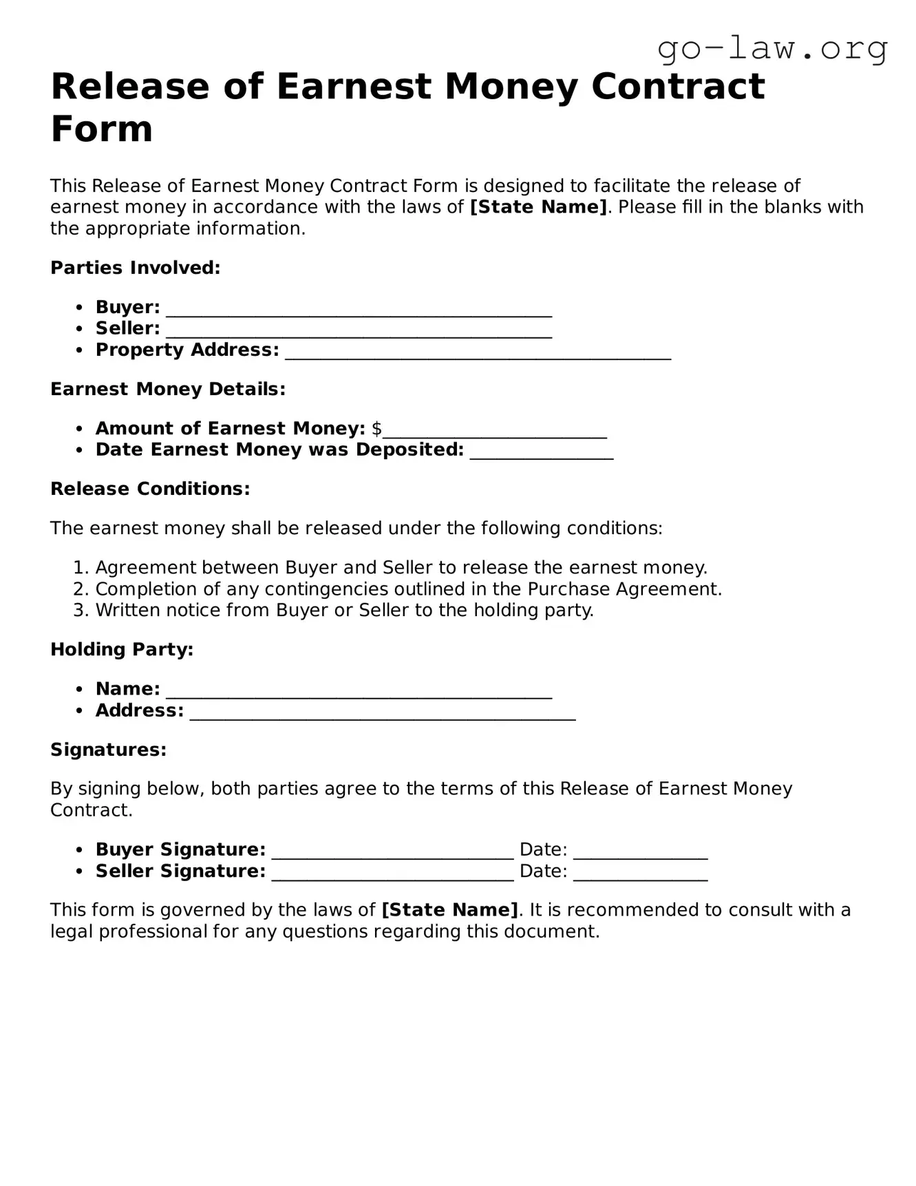 Blank Release of Earnest Money Contract Form Template