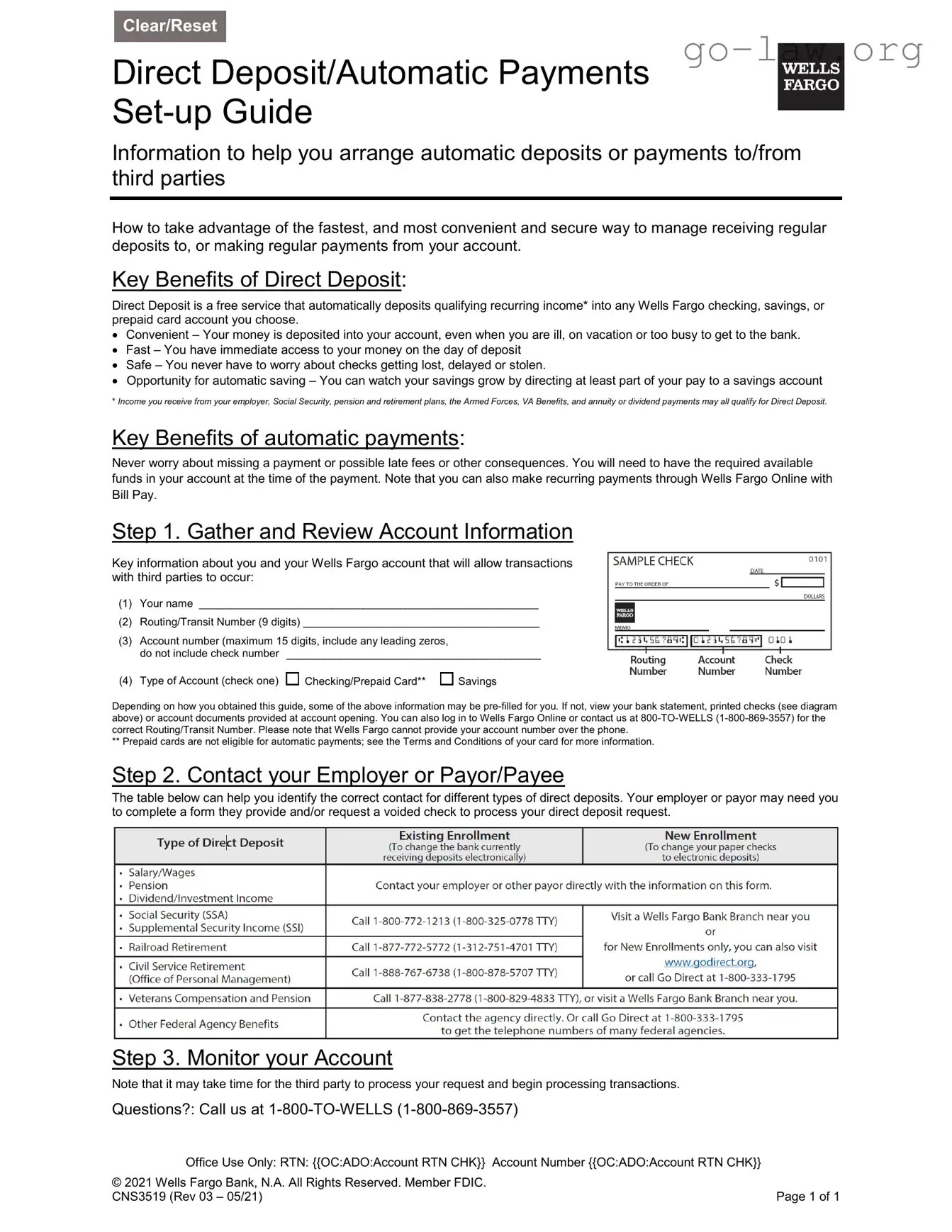 Download Wells Fargo Direct Deposit Form in PDF