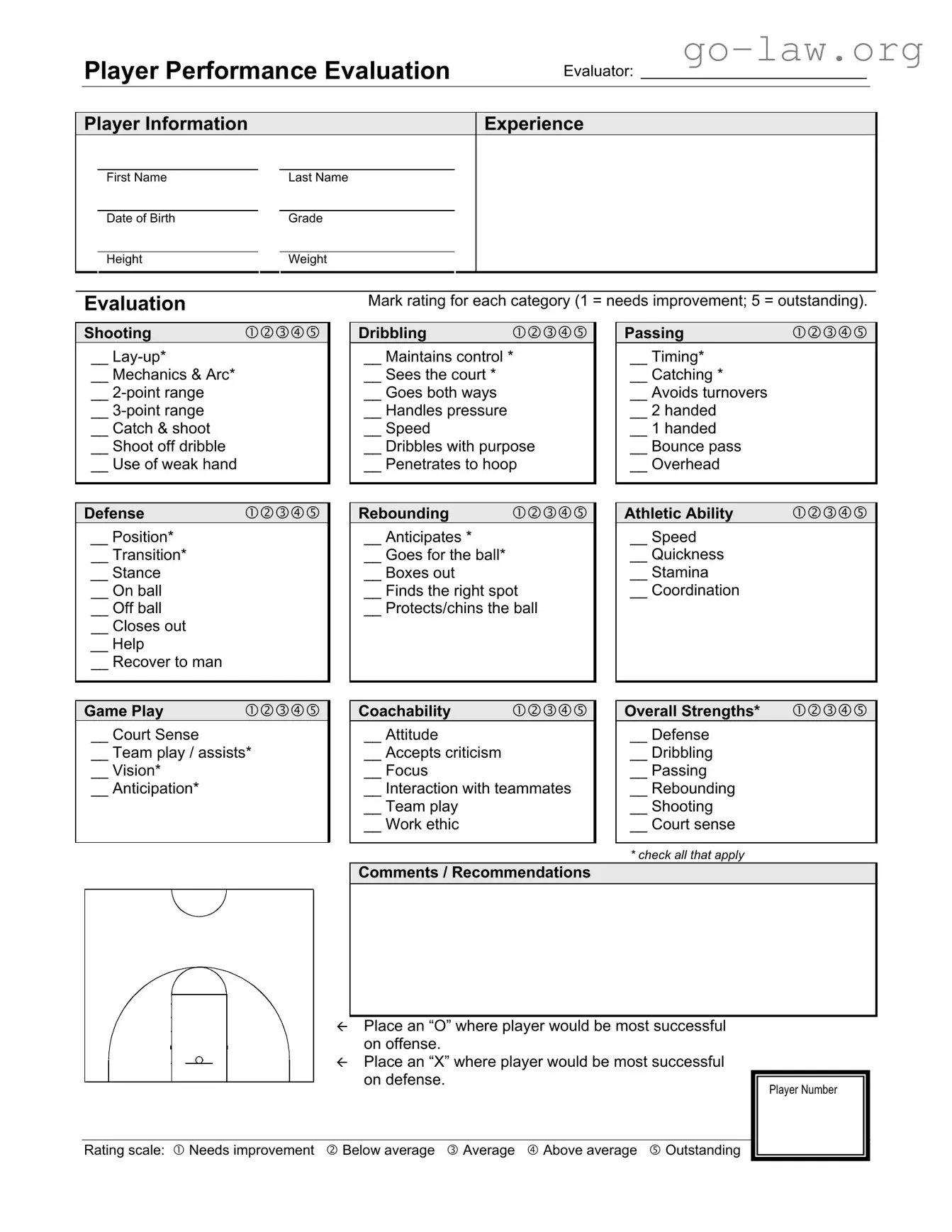 Download Basketball Evaluation Form in PDF
