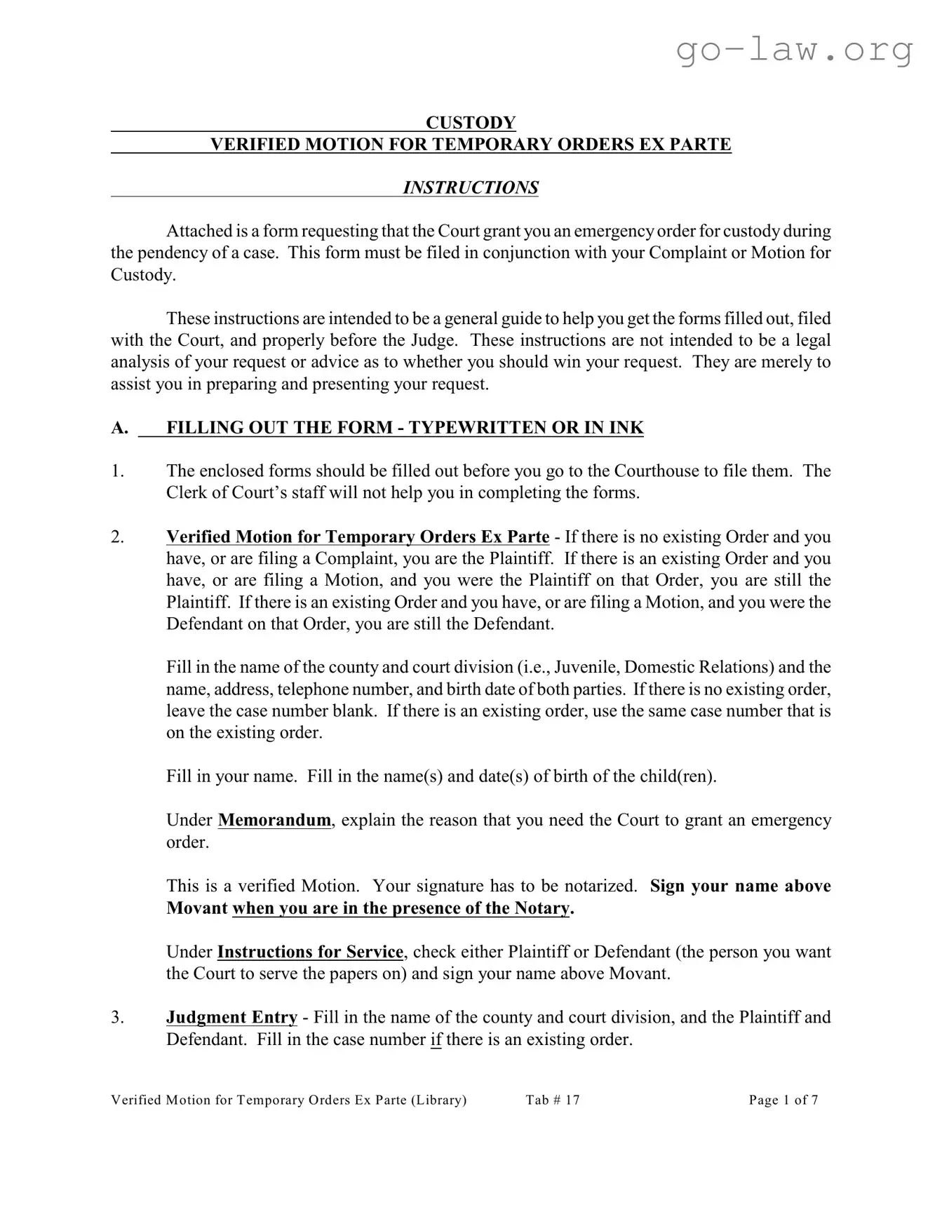 Download Ex Parte Temporary Custody Order Ohio Form in PDF