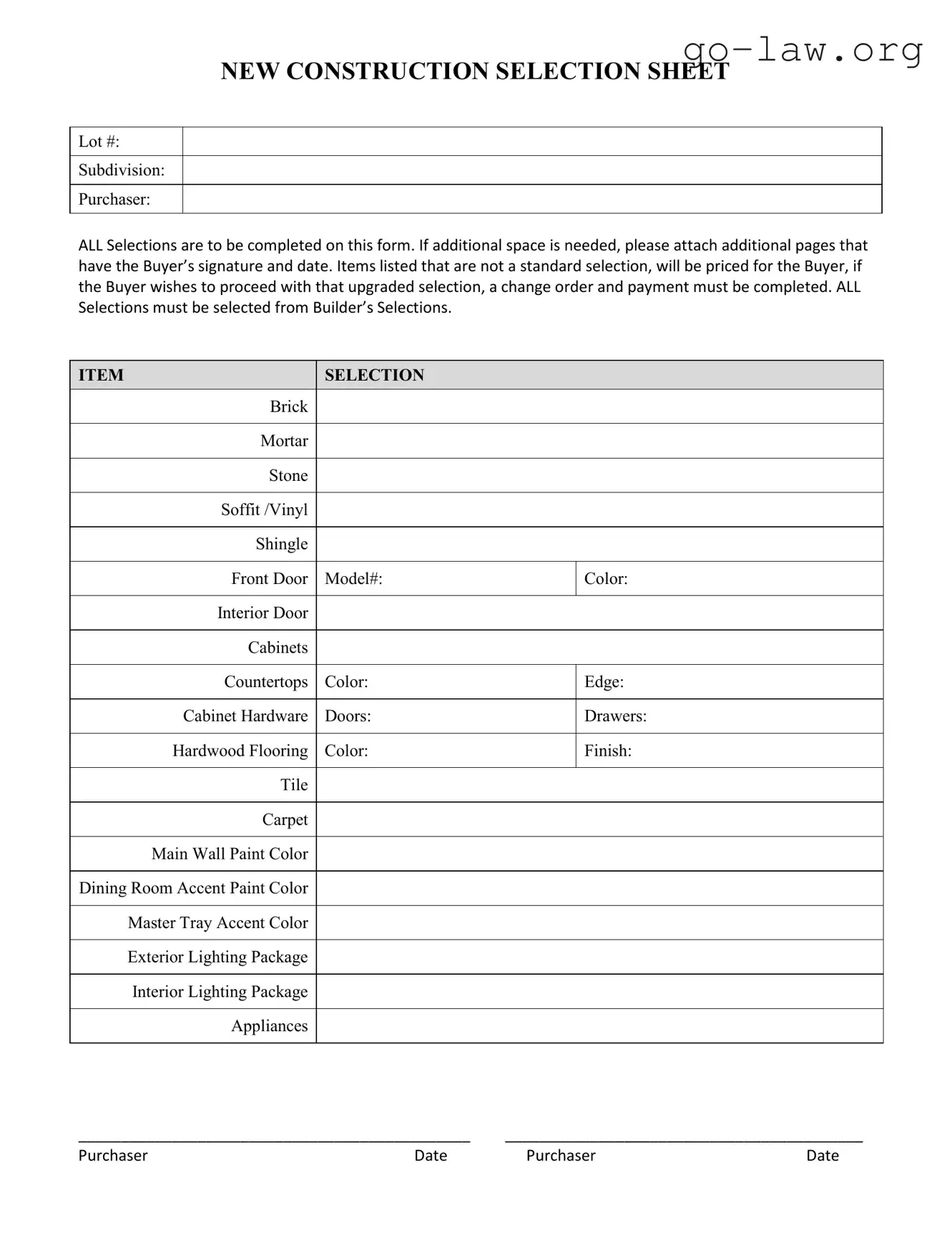 Download New Construction Selection Sheet Form in PDF