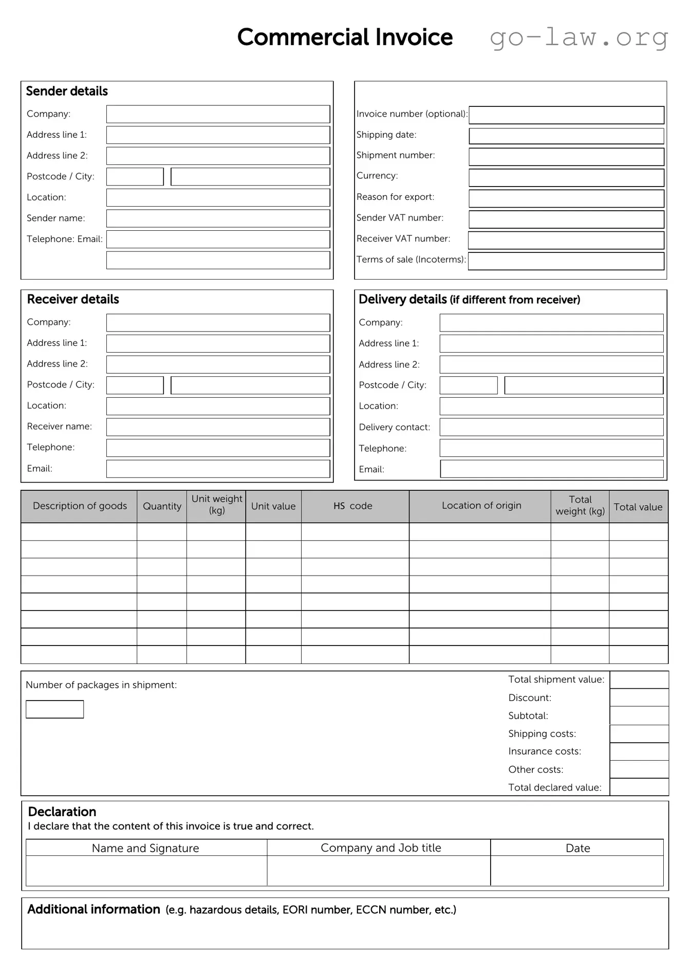 Download Commercial Invoice Form in PDF