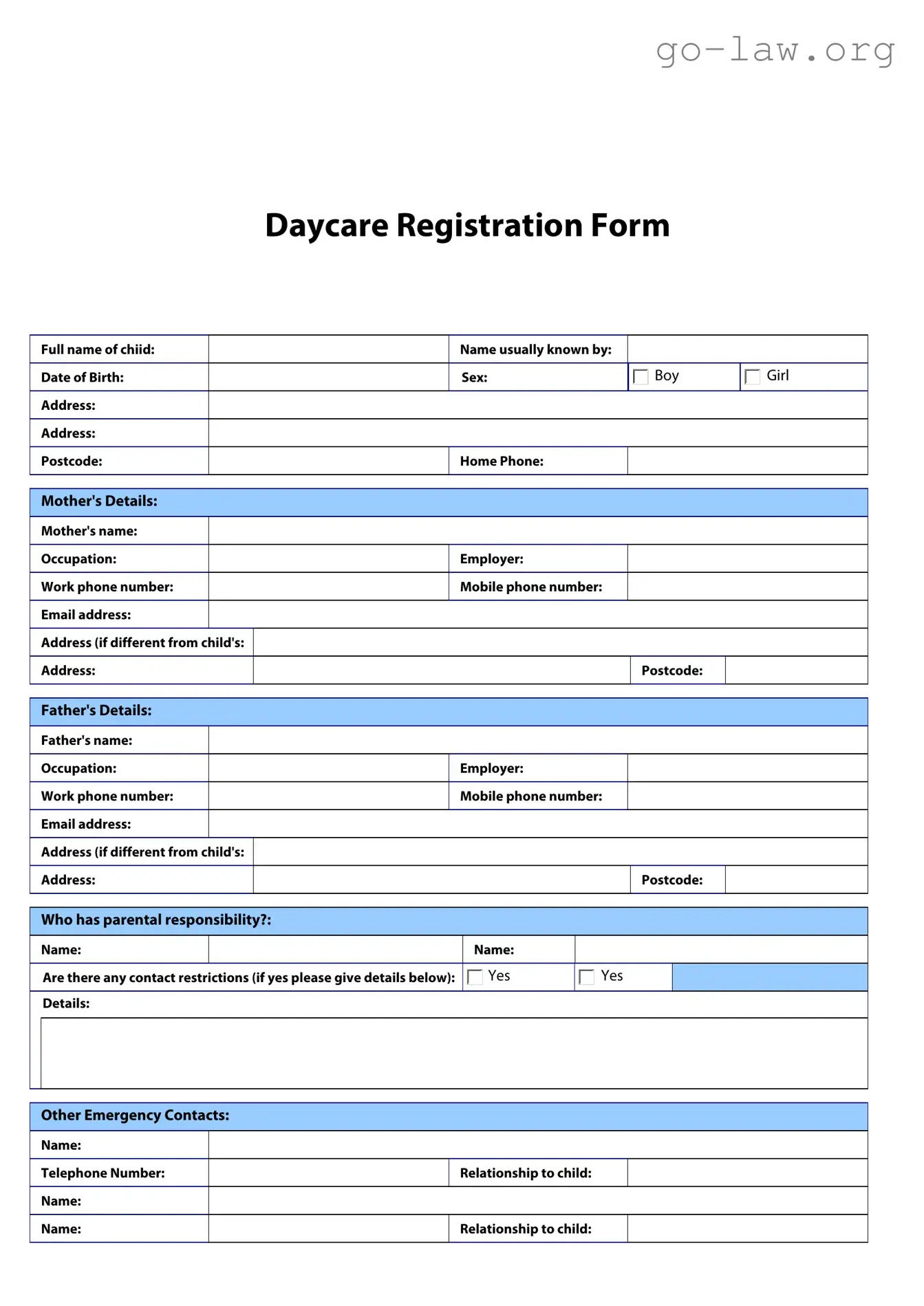 Download Daycare Registration Form in PDF