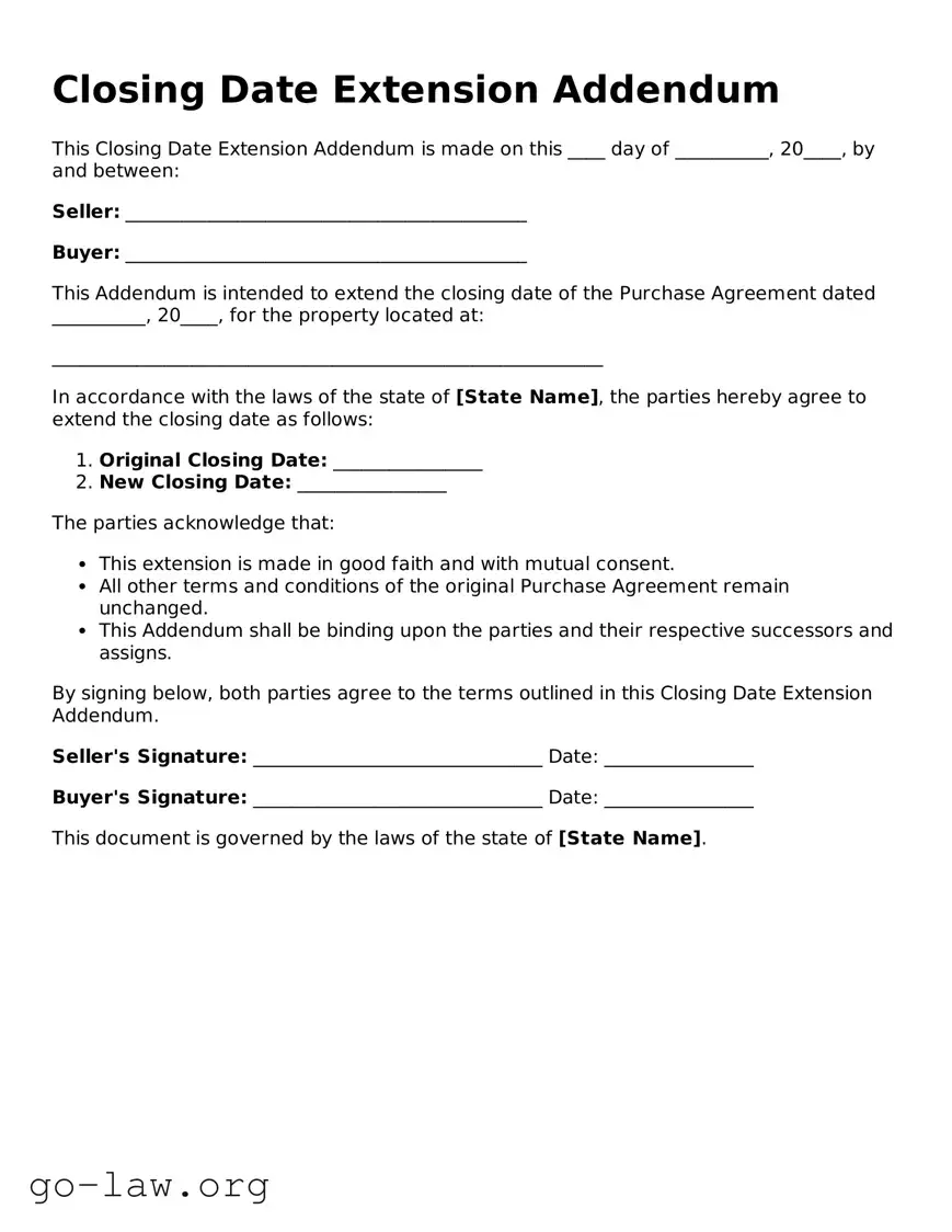 Blank Closing Date Extension Addendum Template