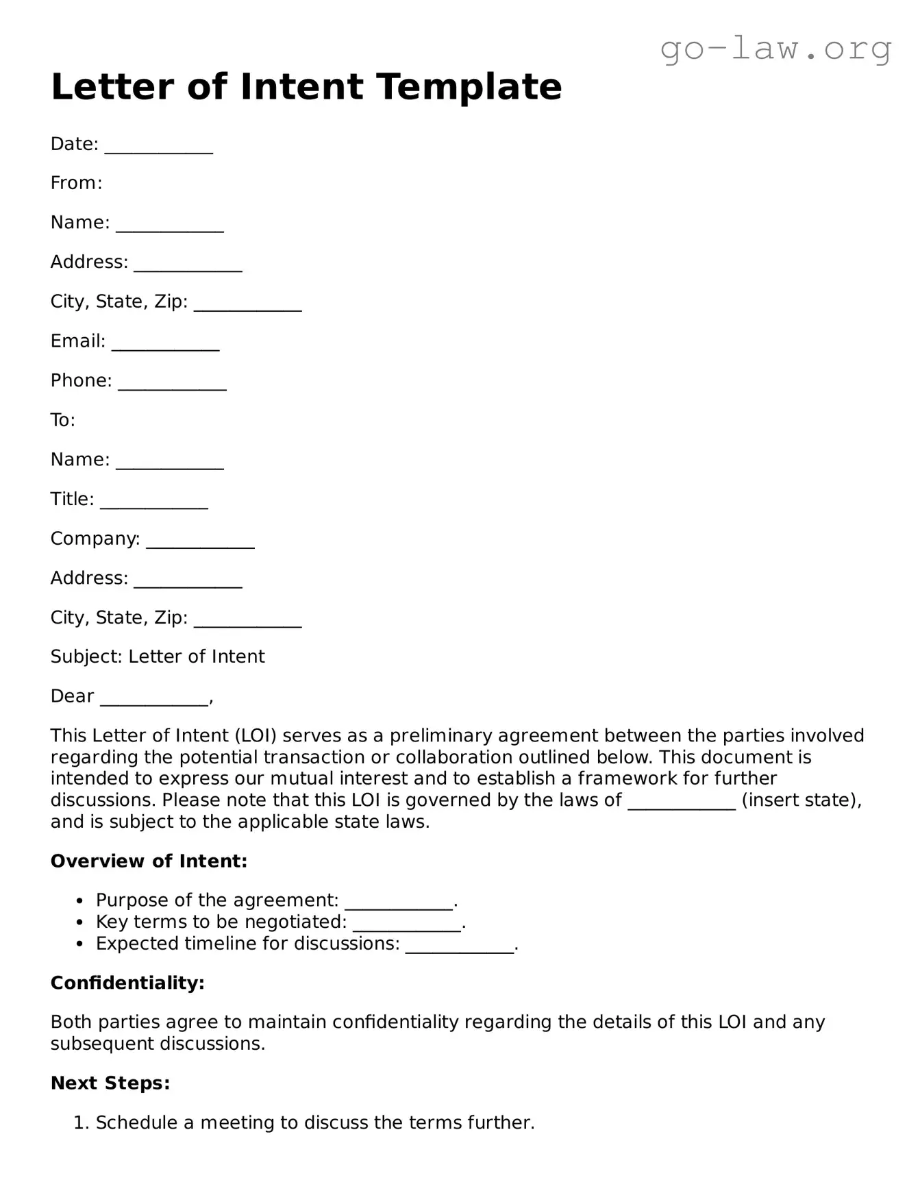 Blank Letter of Intent Template