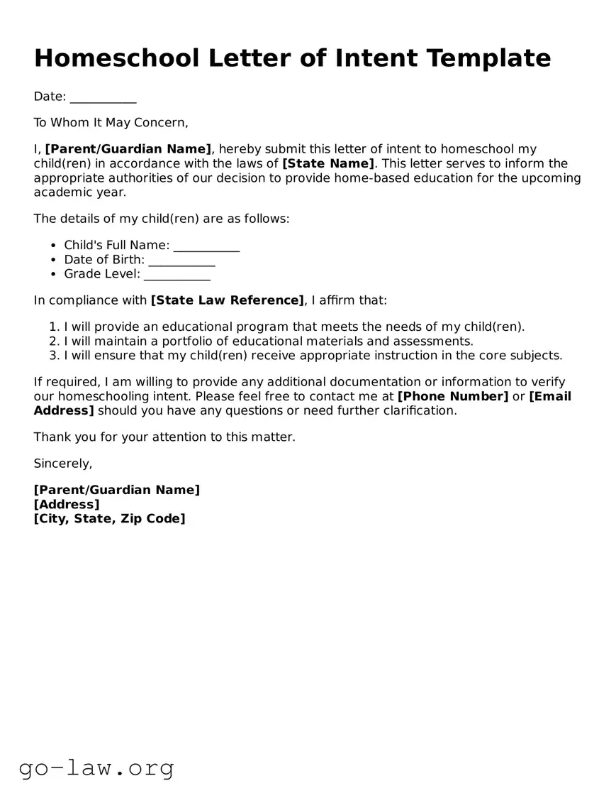 Blank Homeschool Letter of Intent Template