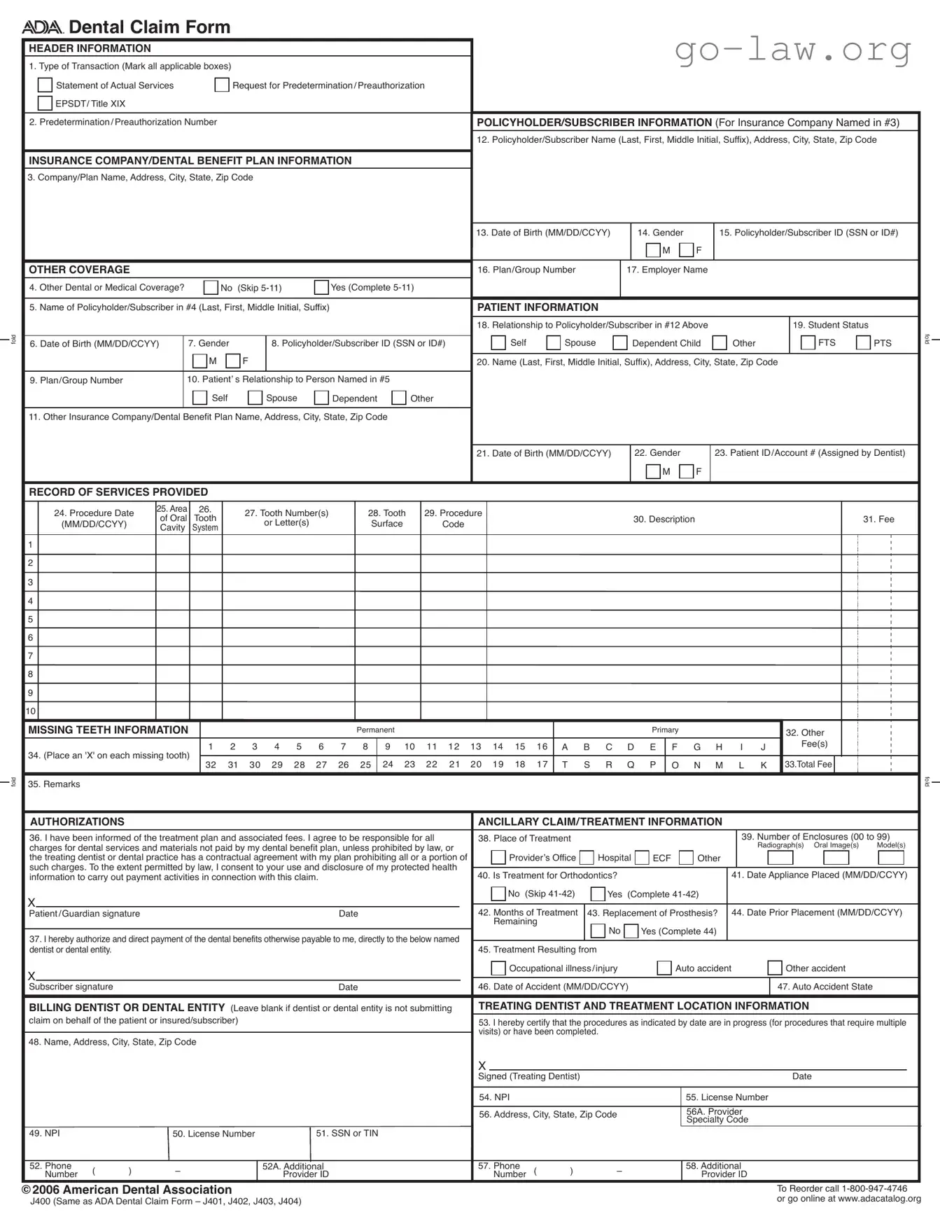 Download Ada Dental Claim Form in PDF