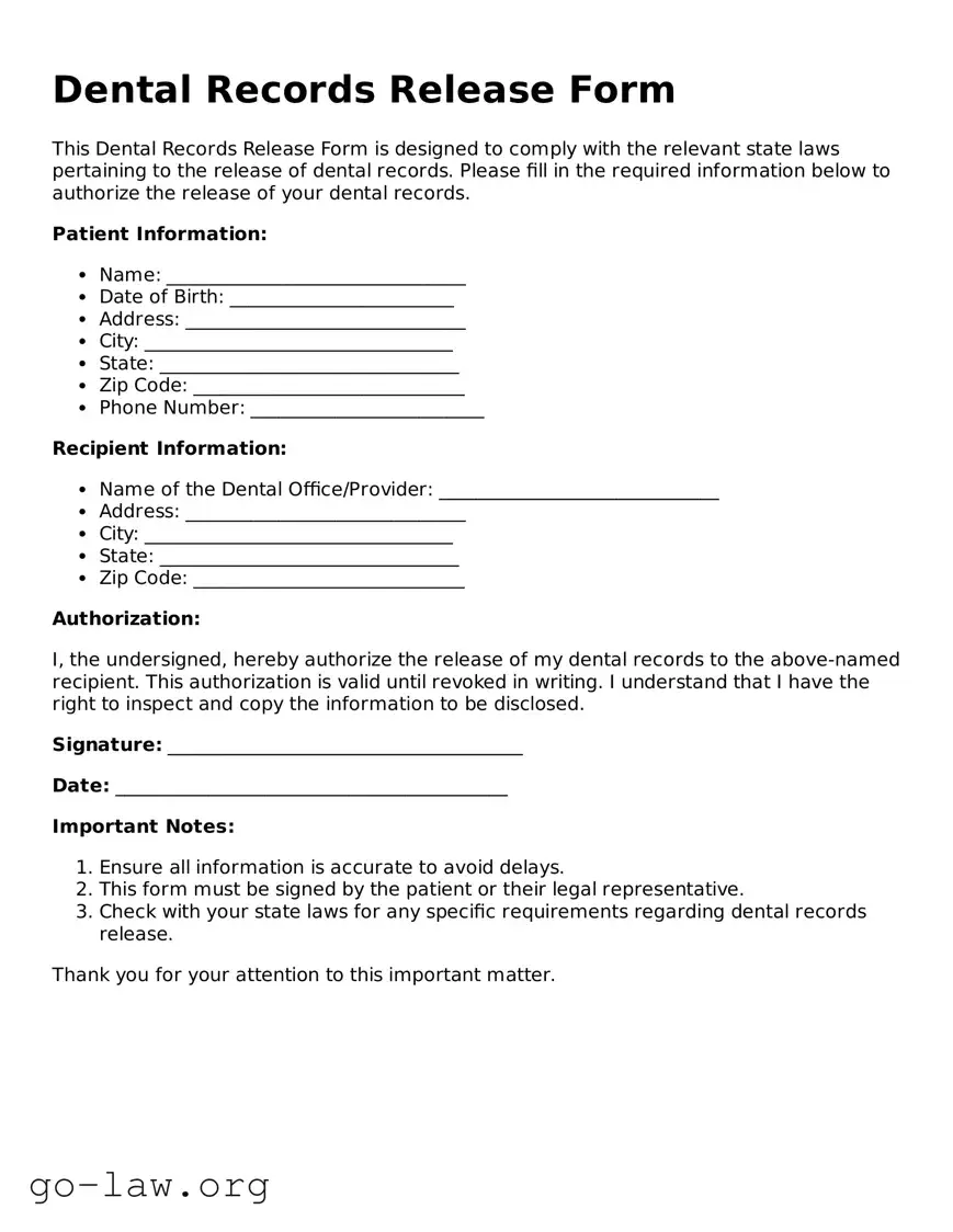 Blank Dental Records Release Template