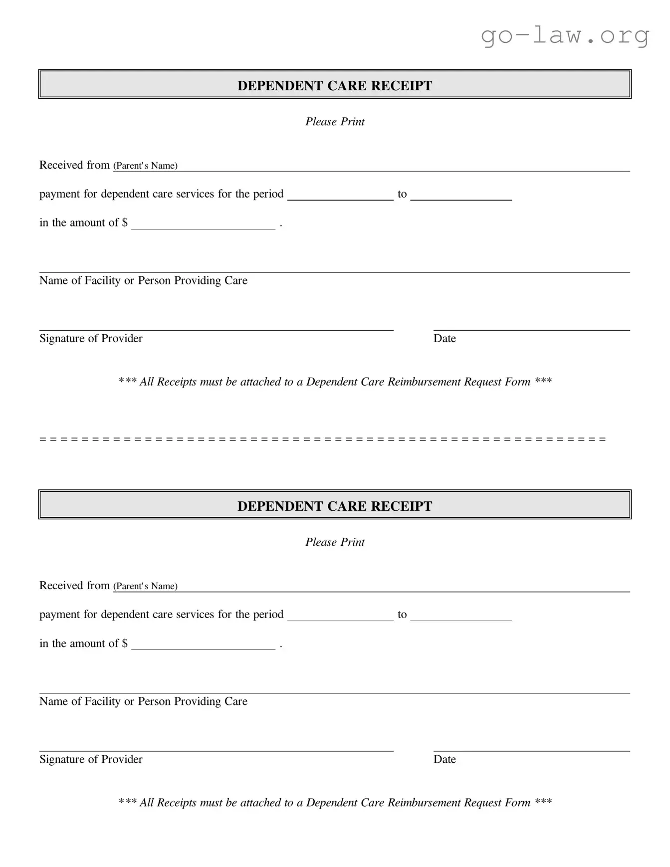 Download Dependent Care Receipt Form in PDF