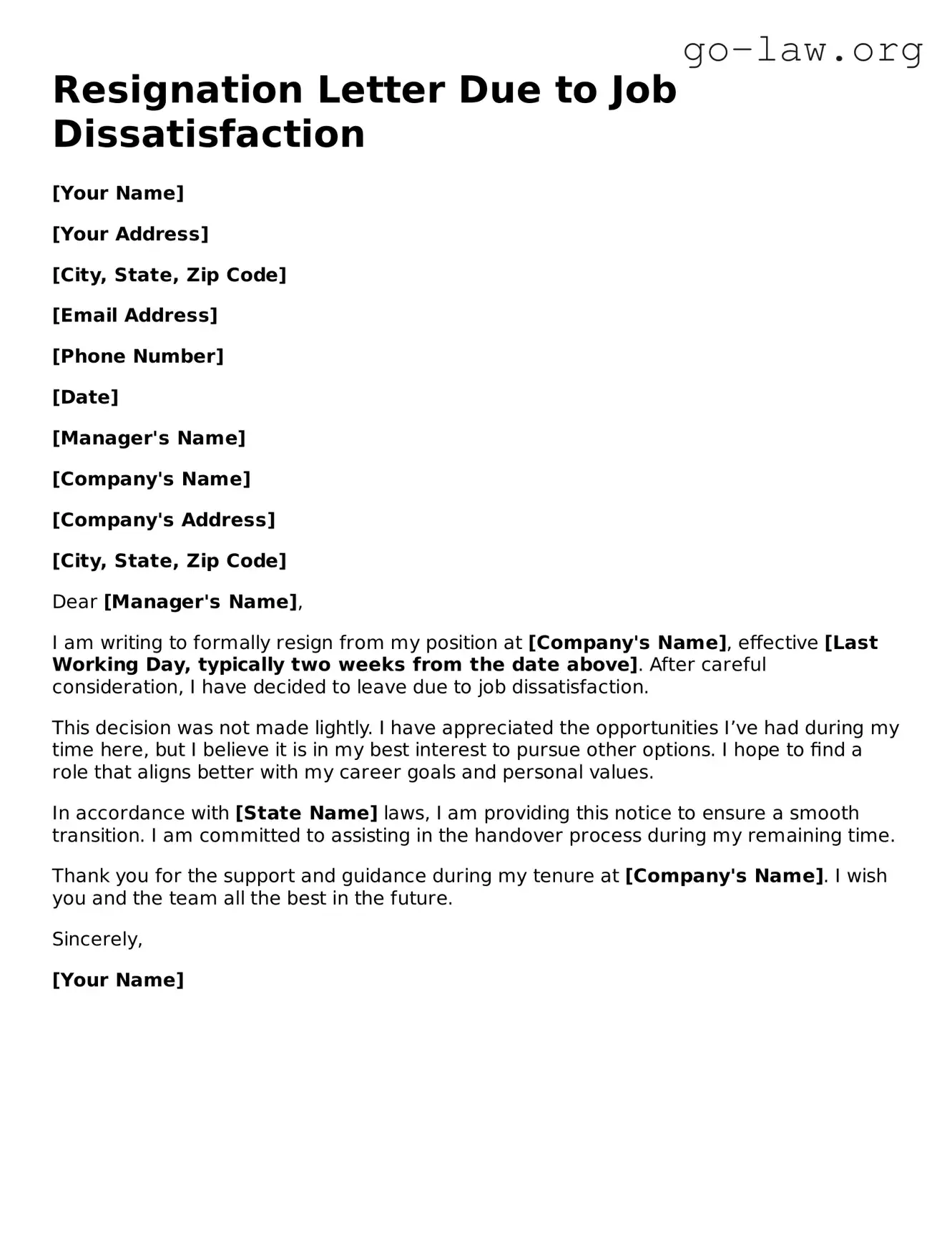 Blank Resignation Letter Due to Job Dissatisfaction Template