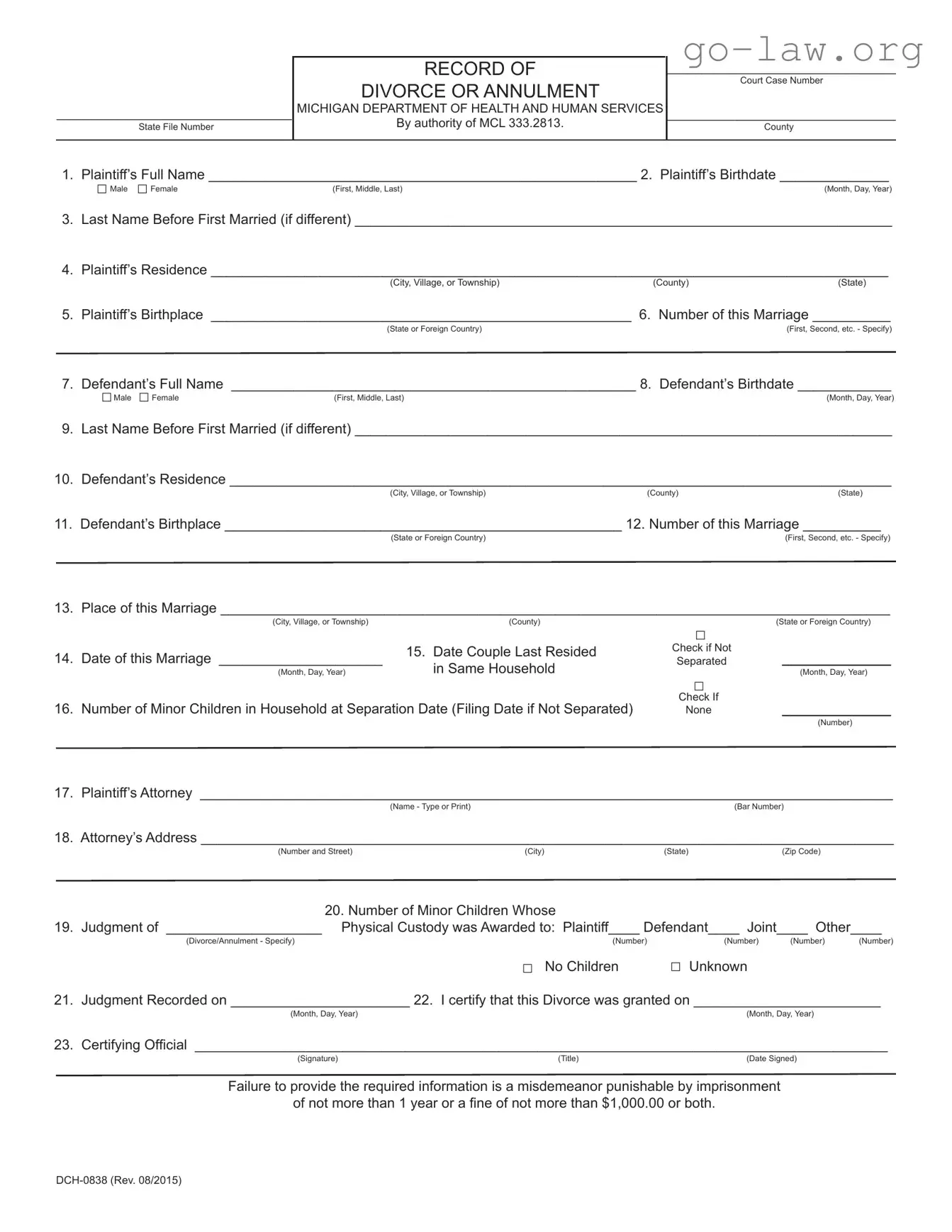 Download Michigan Dch 0838 Form in PDF