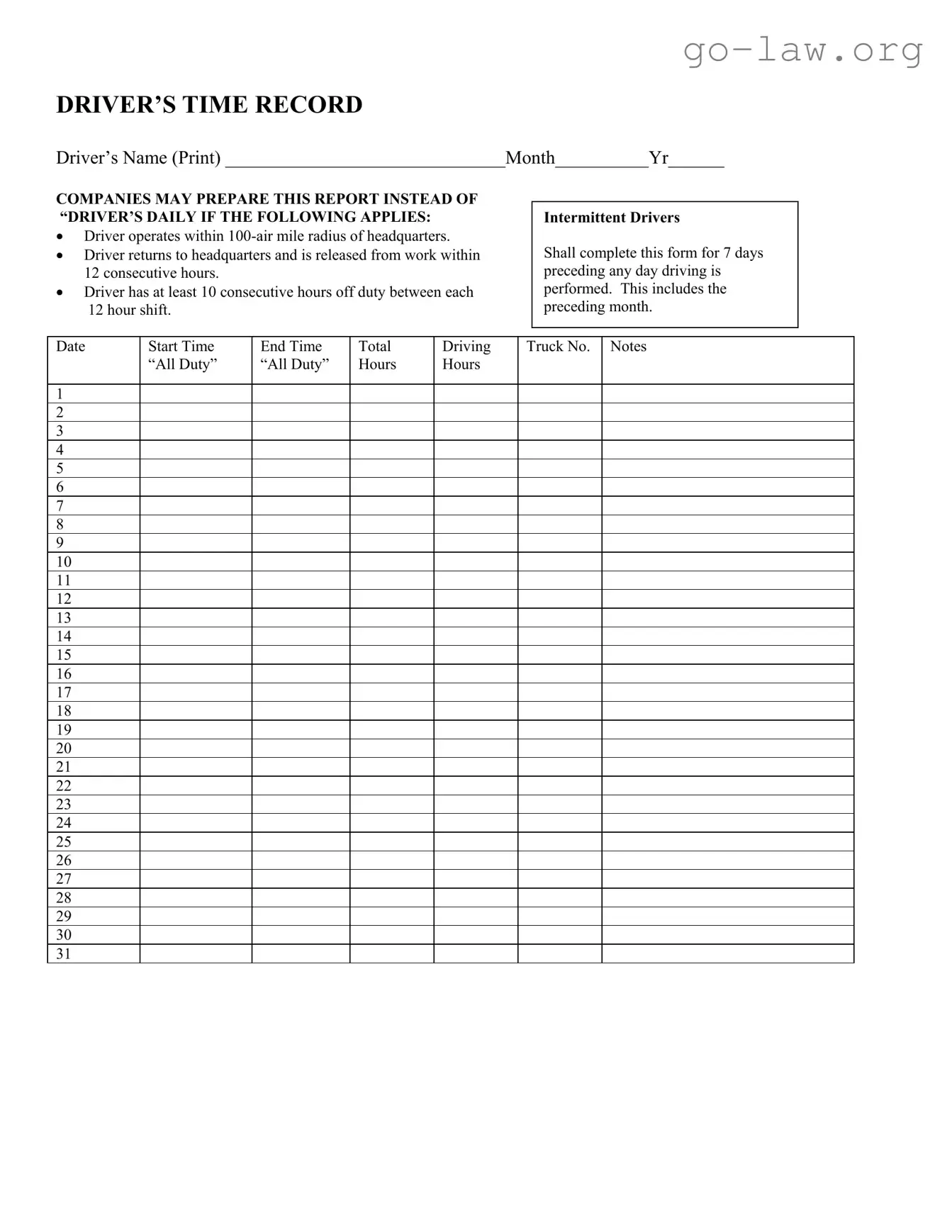 Download Driver Time Record Form in PDF