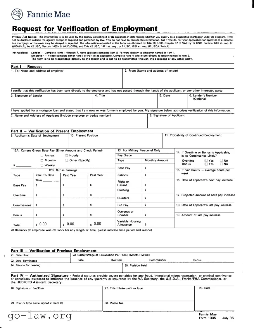 Download 1005 Verification Of Employment Form in PDF