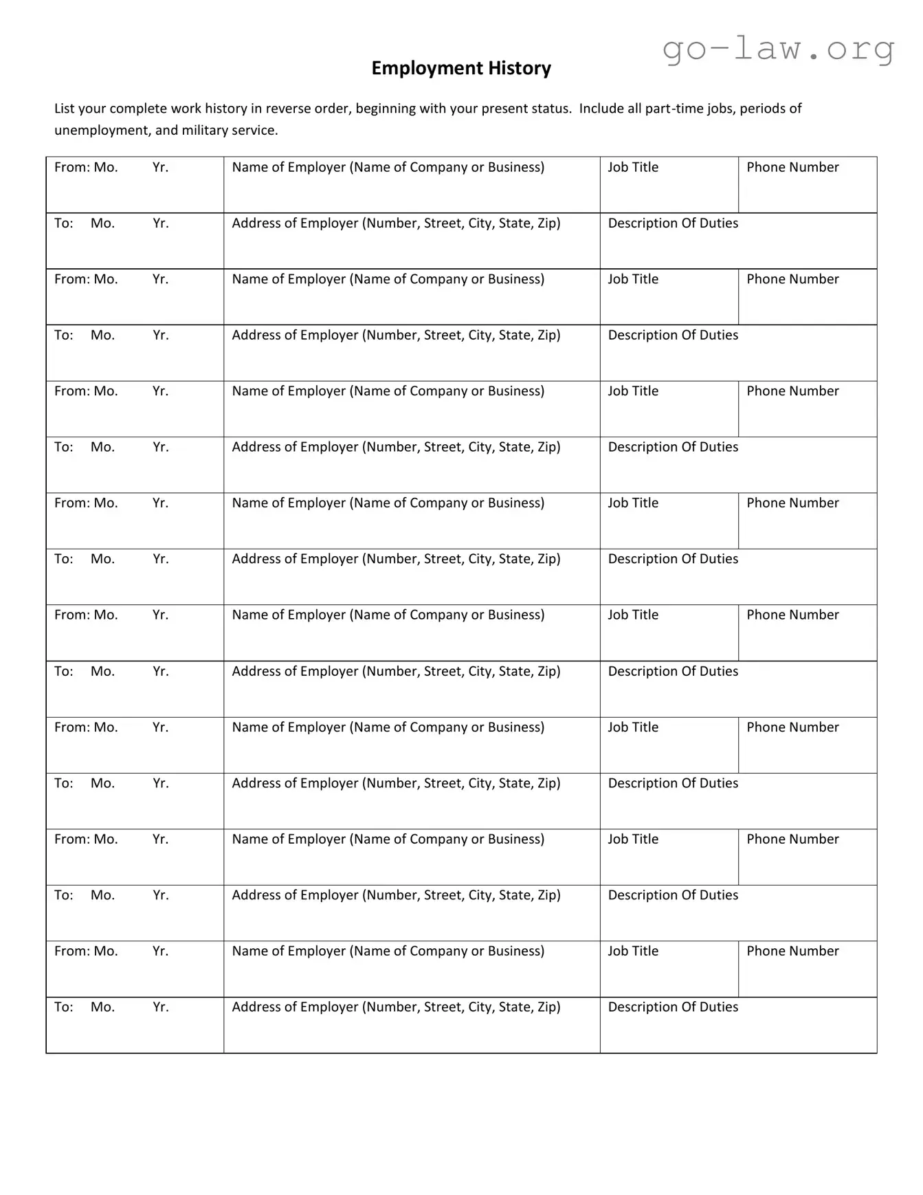 Download Employment History Form in PDF