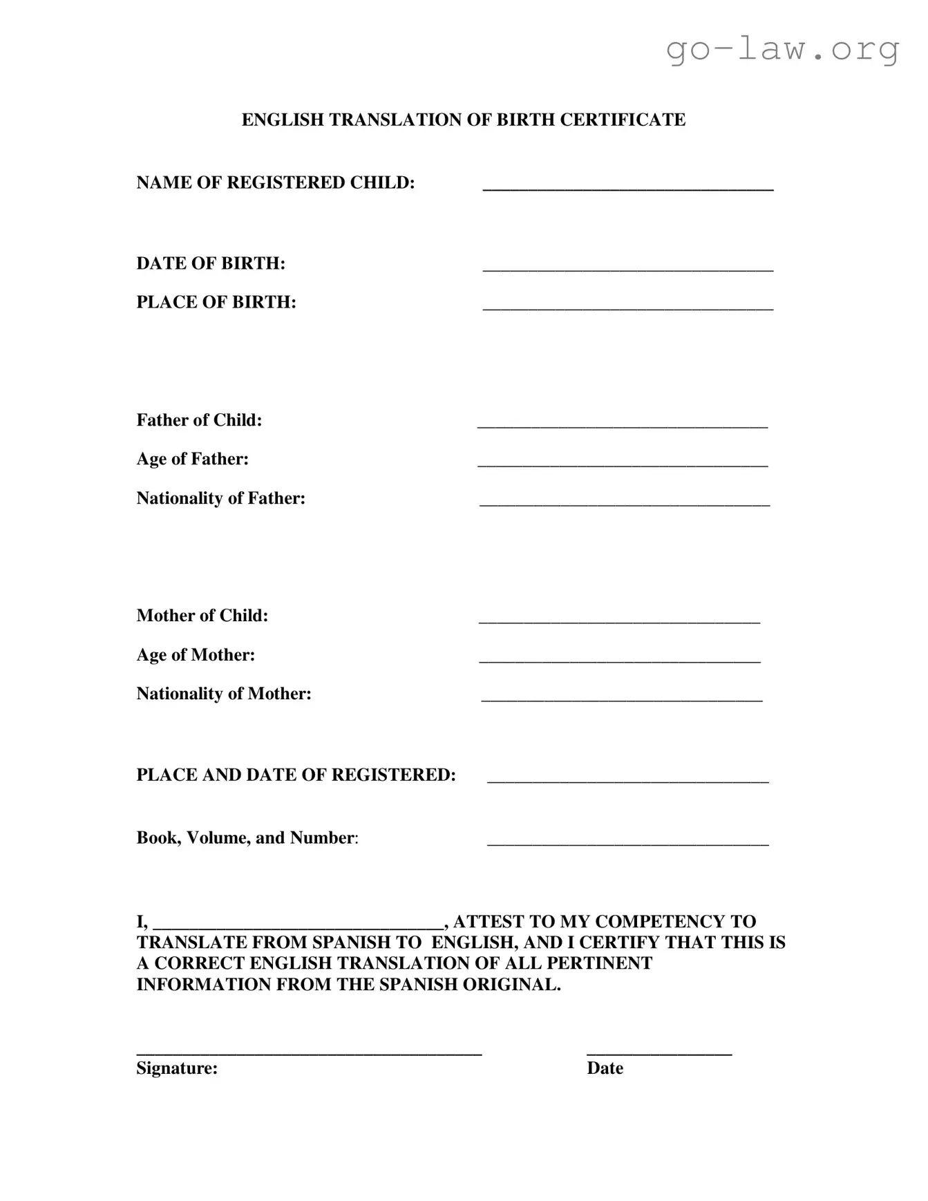 Download Birth Certificate Translation To English Form in PDF