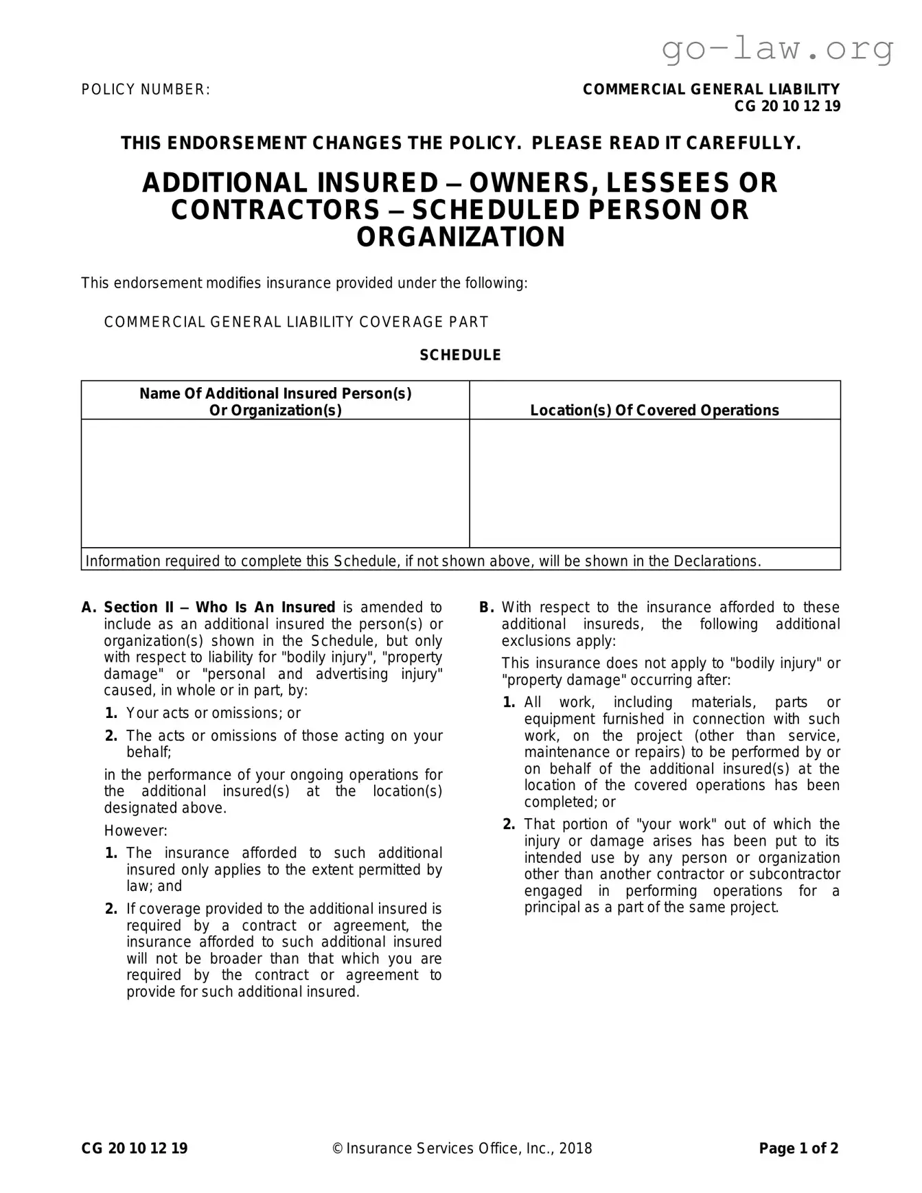 Download Cg 20 10 07 04 Liability Endorsement Form in PDF