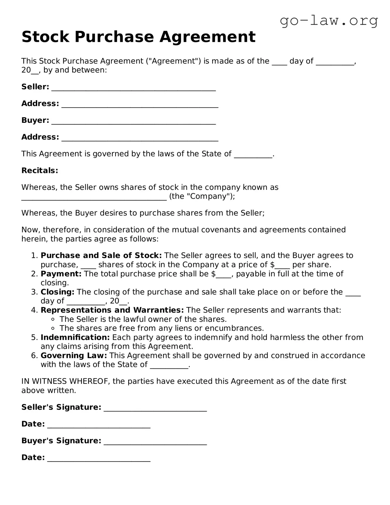 Blank Stock Purchase Agreement  Template