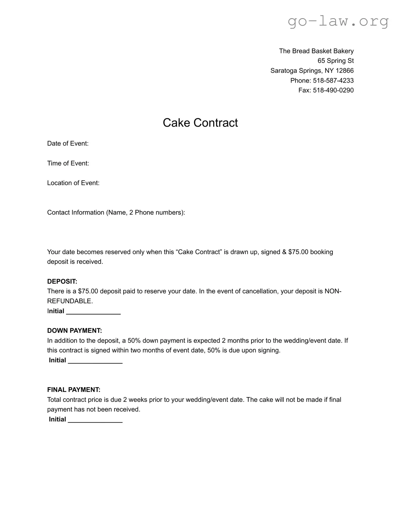 Download Cake Contract Form in PDF