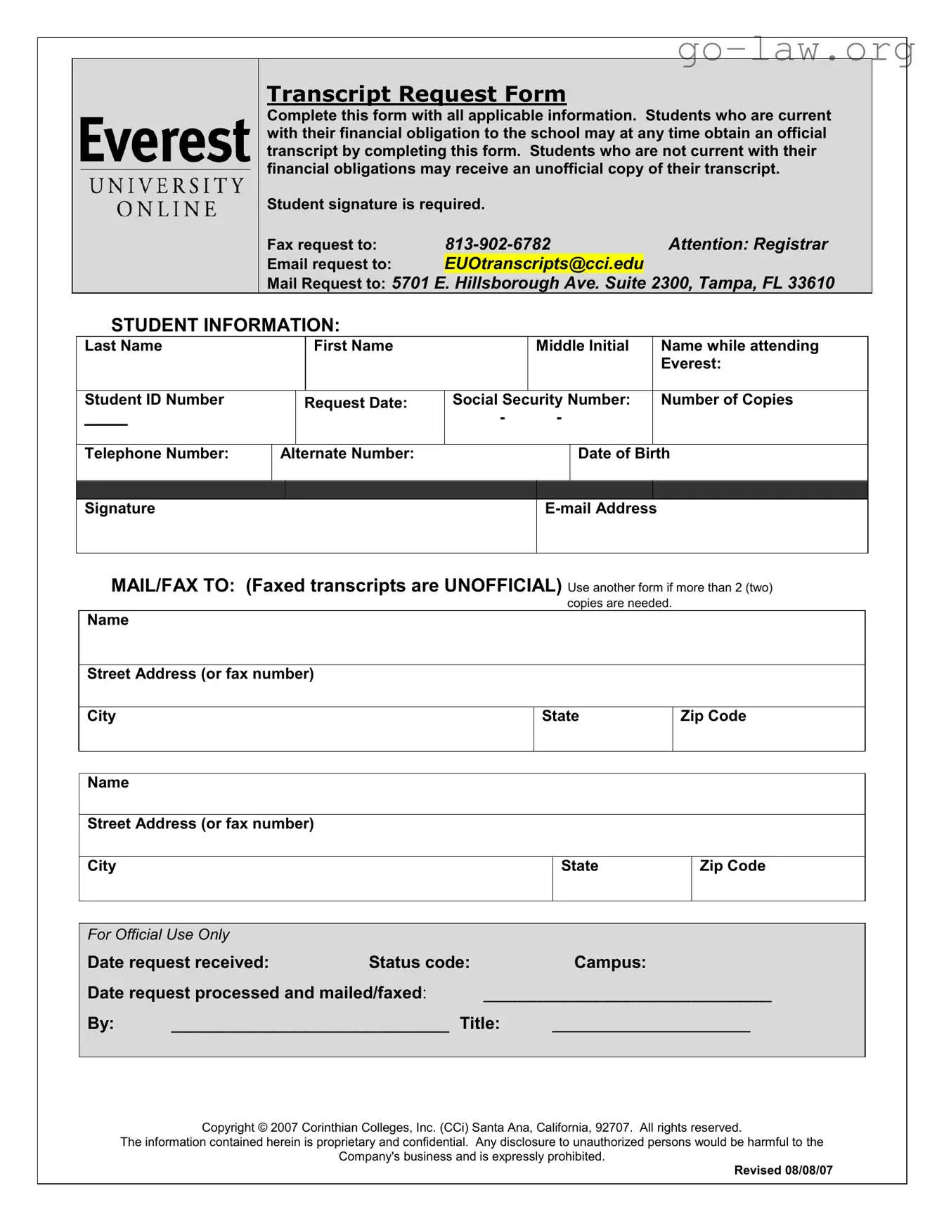 Download Everest University Transcript Form in PDF