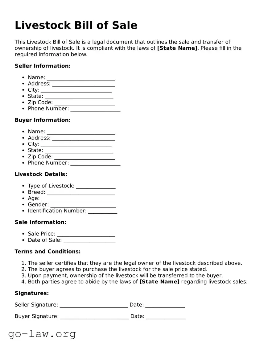 Blank Livestock Bill of Sale Template