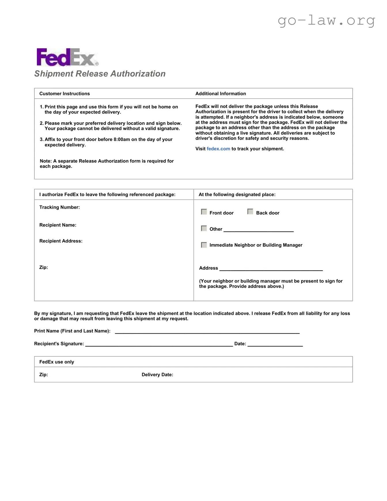 Download Fedex Release Form in PDF