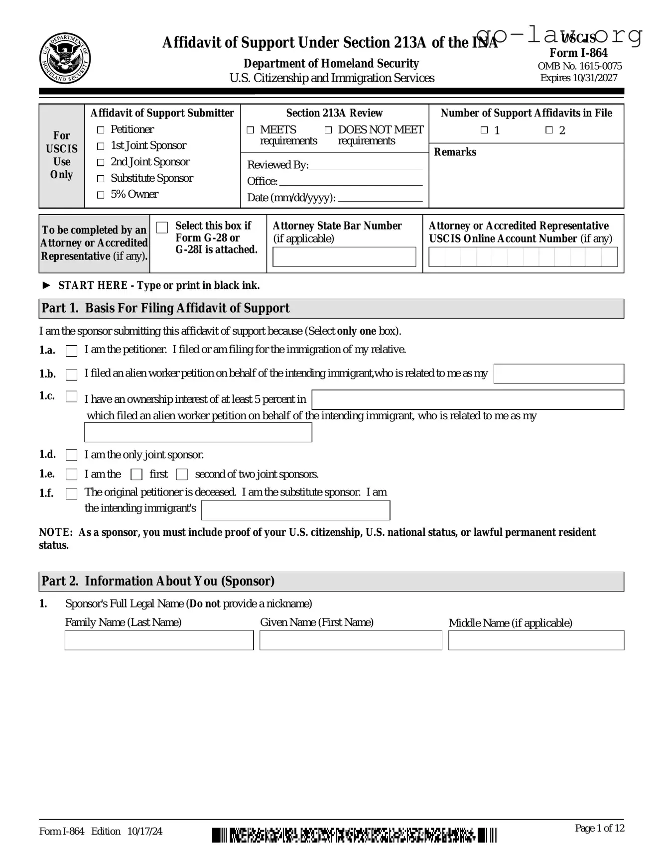 Download USCIS I-864 Form in PDF