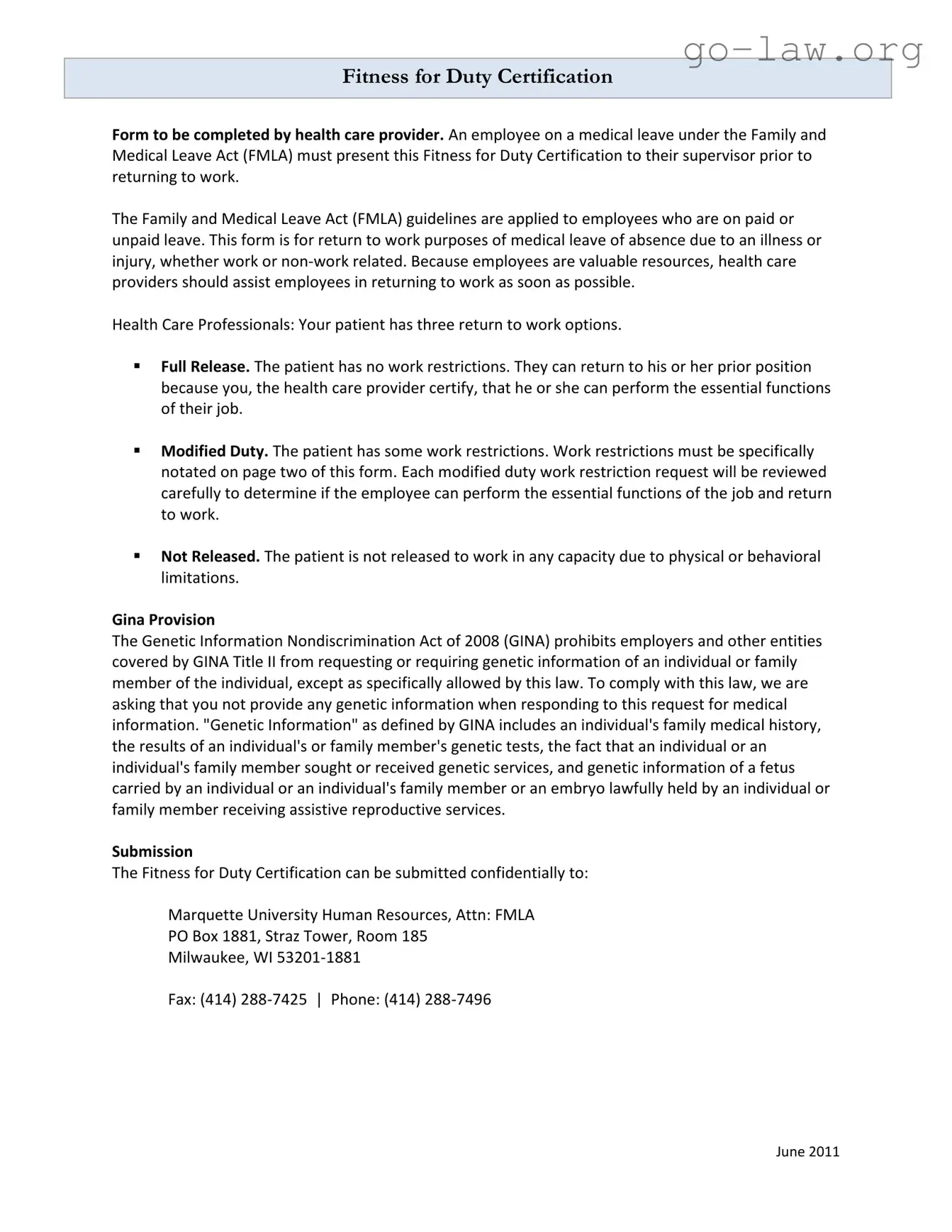 Download Fitness For Duty Form in PDF