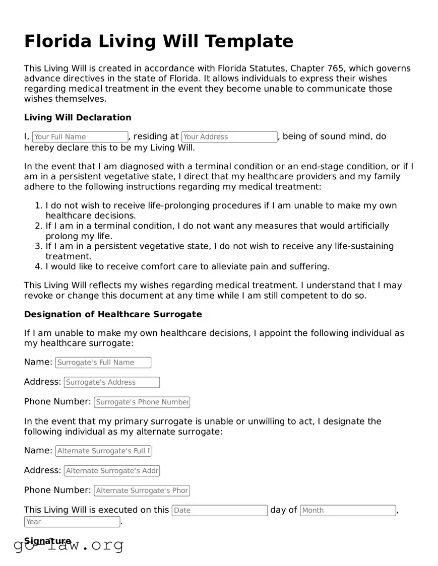 Fillable Florida Living Will Form