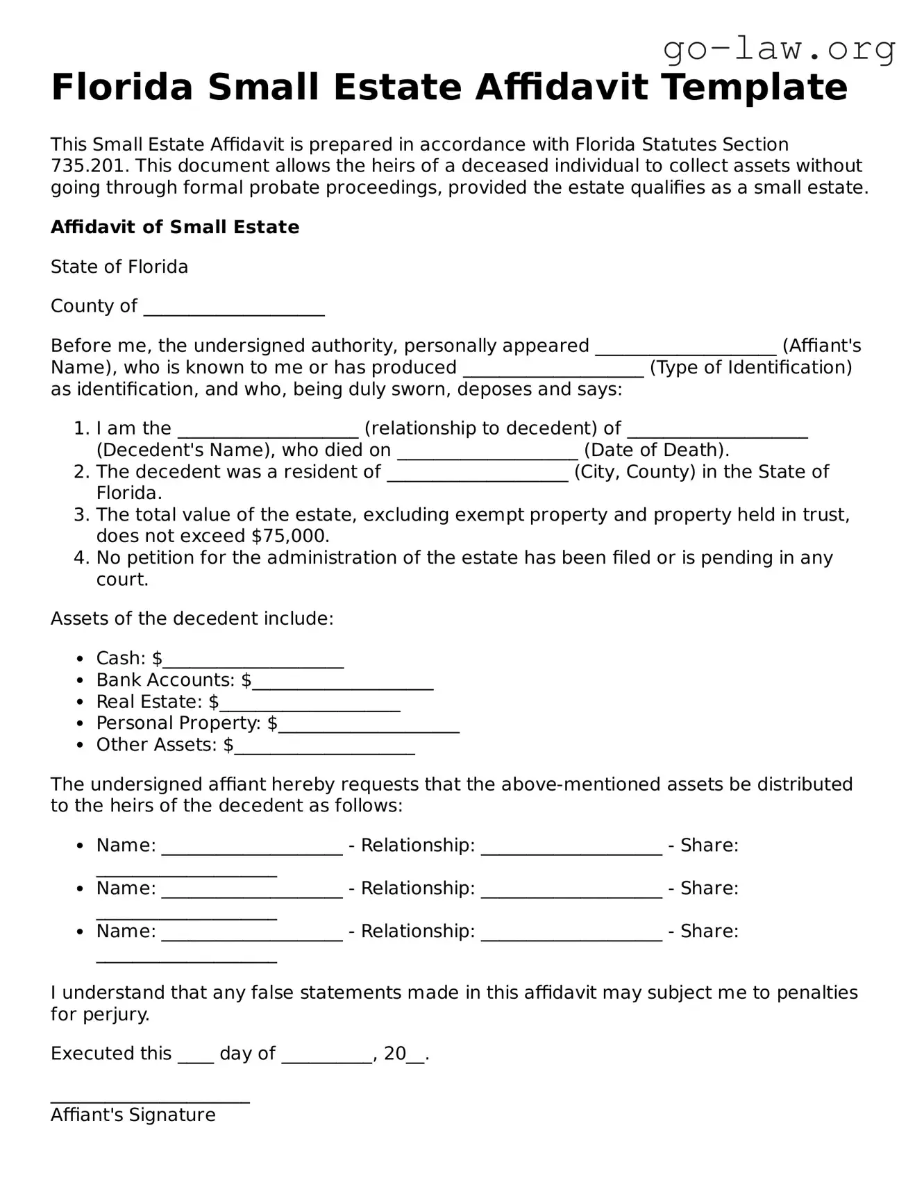 Fillable Florida Small Estate Affidavit Form