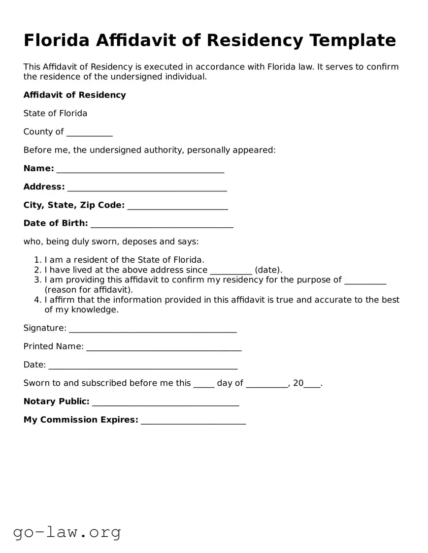 Fillable Florida Affidavit of Residency Form